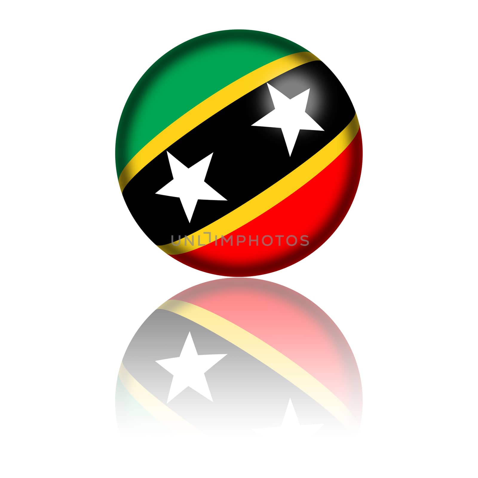 3D sphere or badge of Saint Kitts and Nevis flag with reflection at bottom.