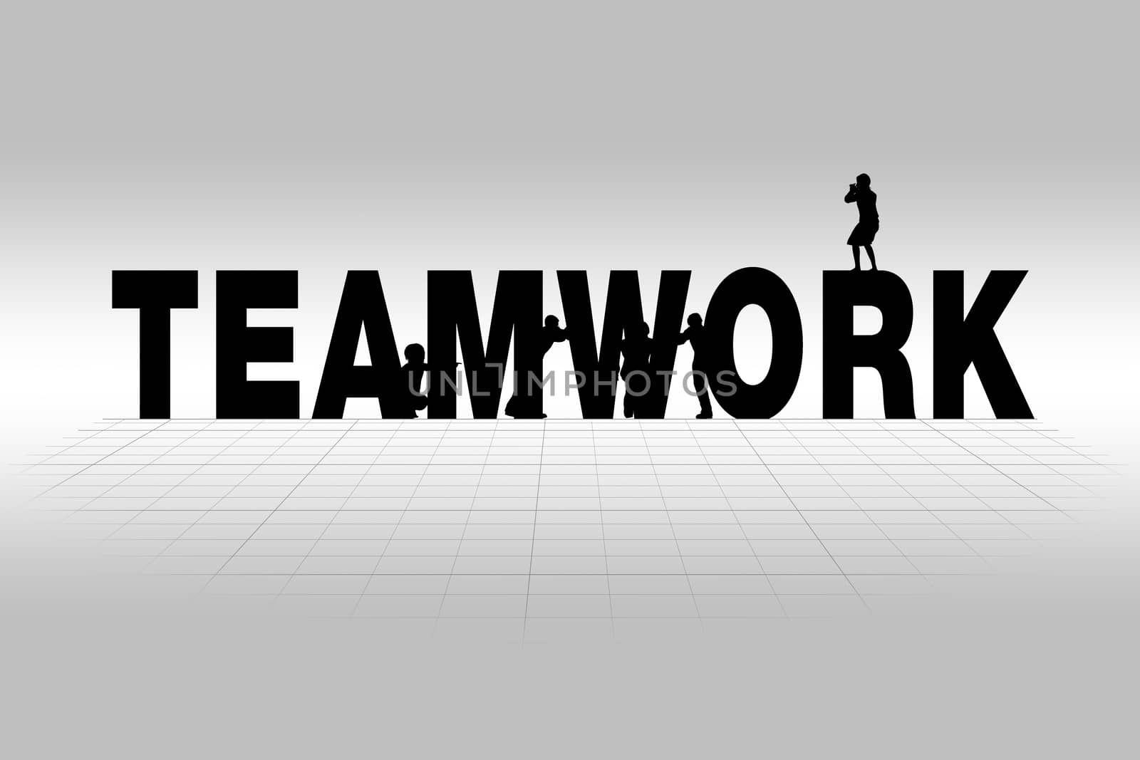 Teamwork word communicating business concept of teamwork in silhouette.