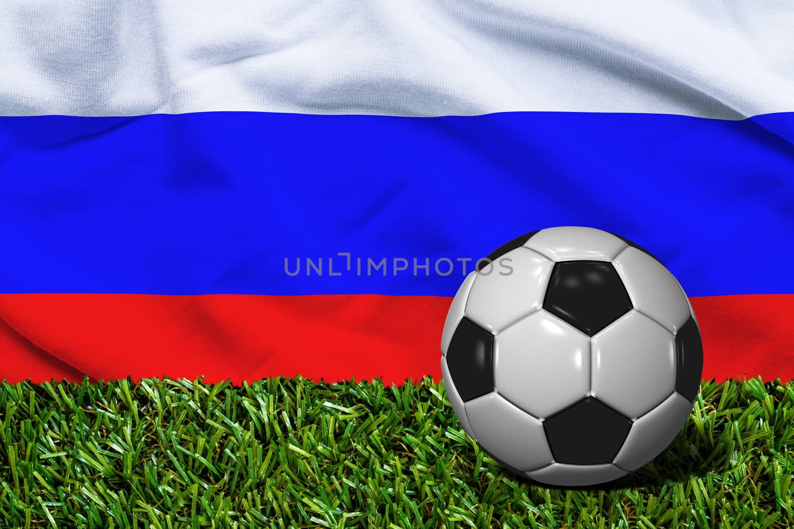 3D rendered soccer ball in grass field with Russia flag as Background