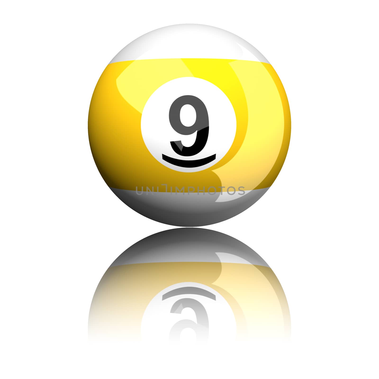 3D rendering pool ball or billiard ball number 9 isolated on white.