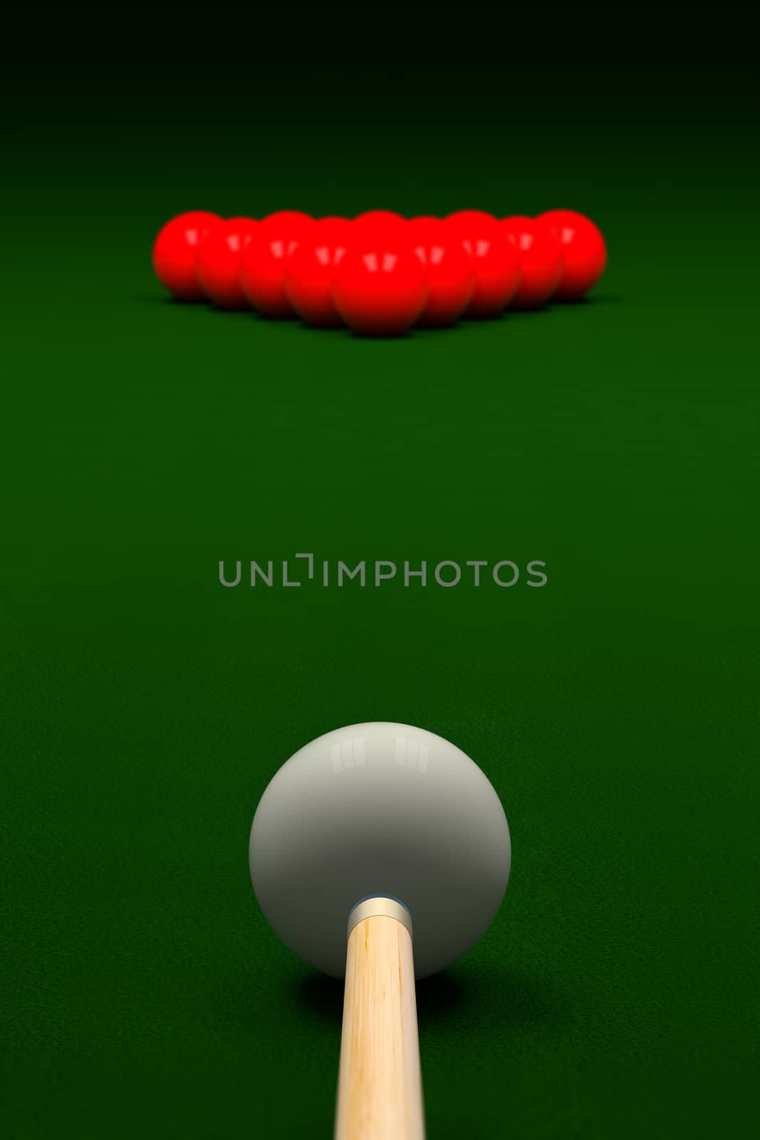 3D rendering of cue aiming cue ball or white ball on snooker table.