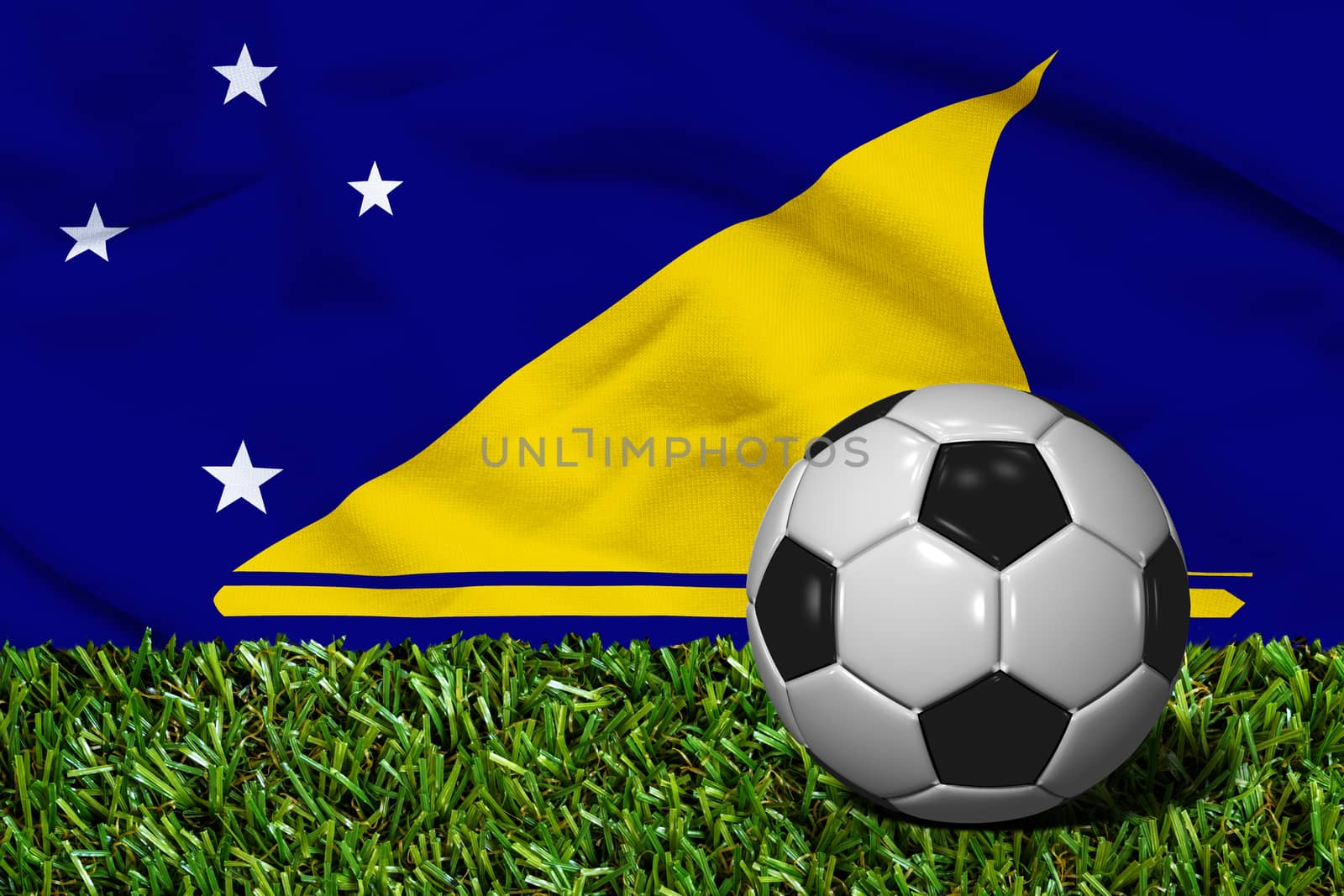 3D rendered soccer ball in grass field with Tokelau flag as Background