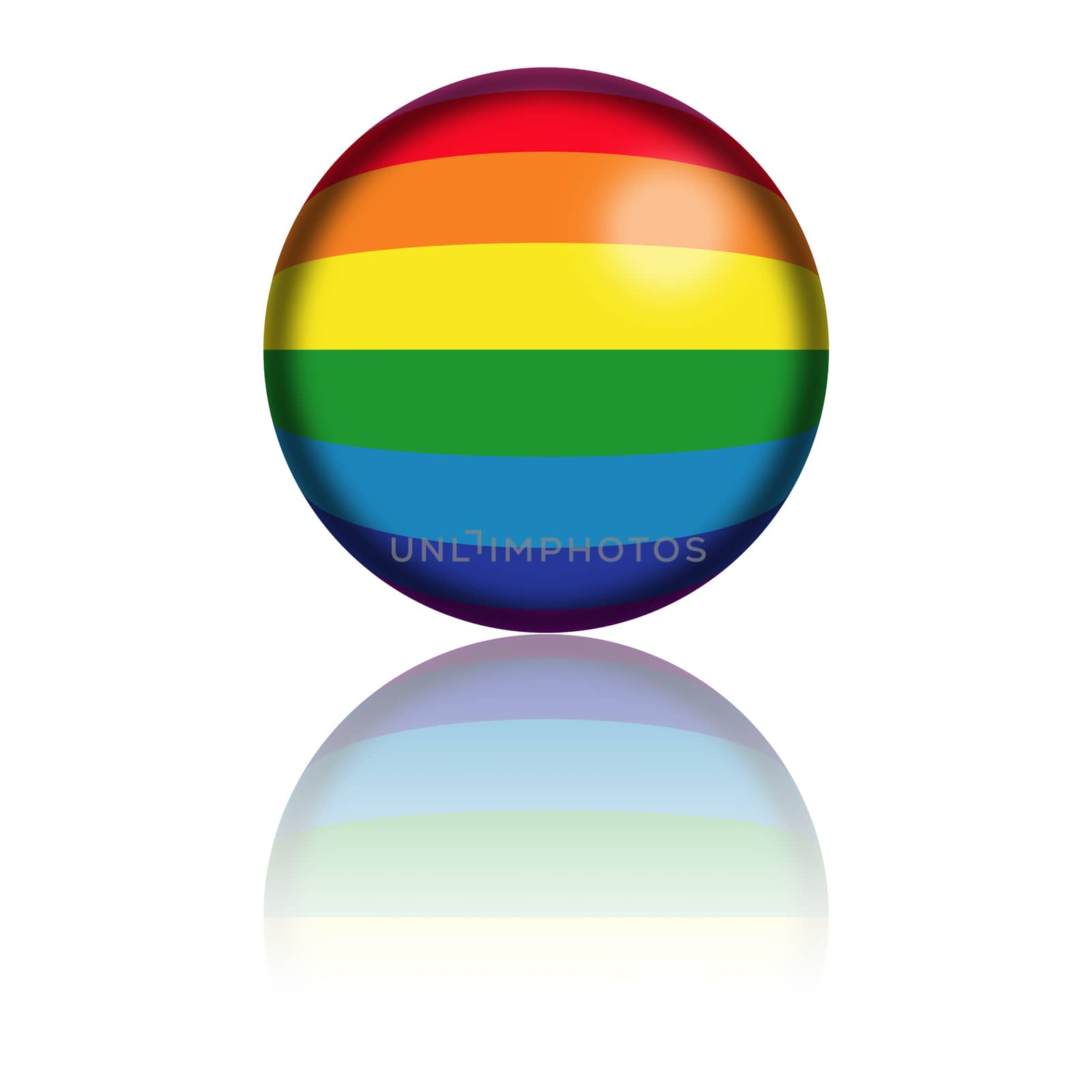 3D sphere or badge of rainbow flag with reflection at bottom.
