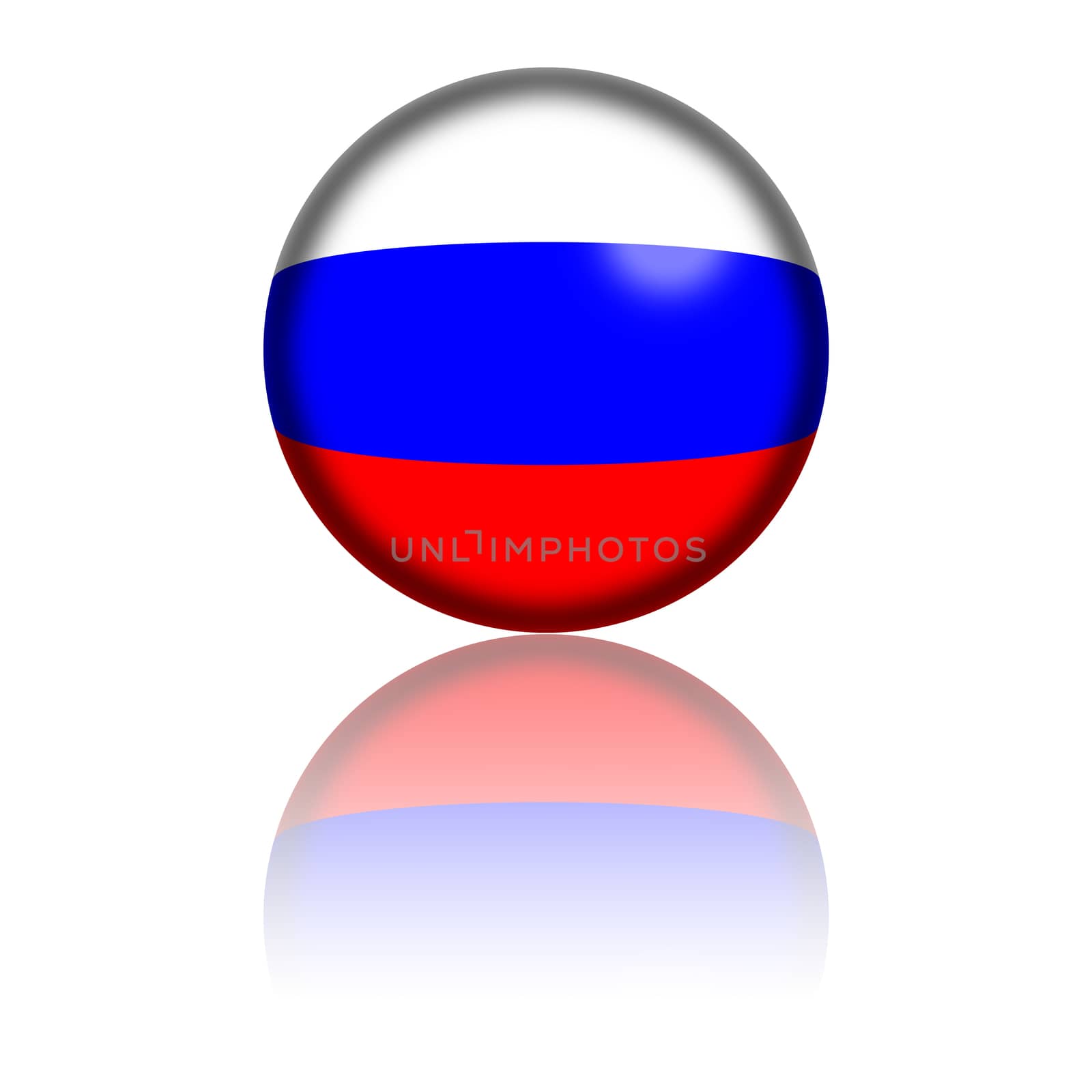 3D sphere or badge of Russia flag with reflection at bottom.
