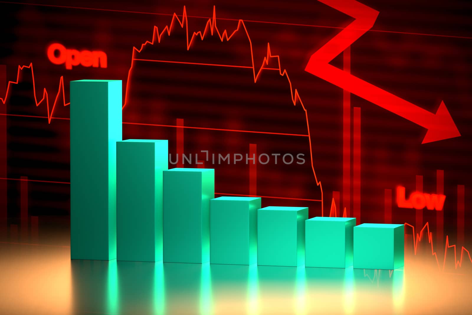 3D rendering of bear stock market chart with downward trend.