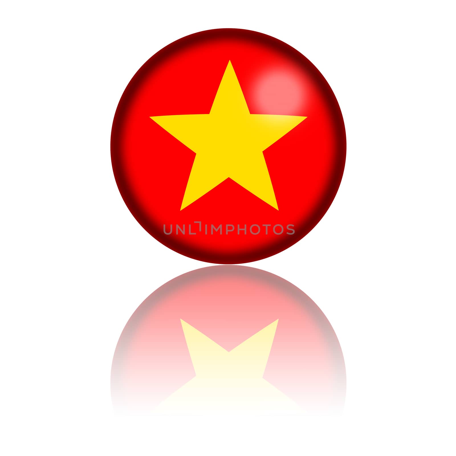 3D sphere or badge of Vietnam flag with reflection at bottom.