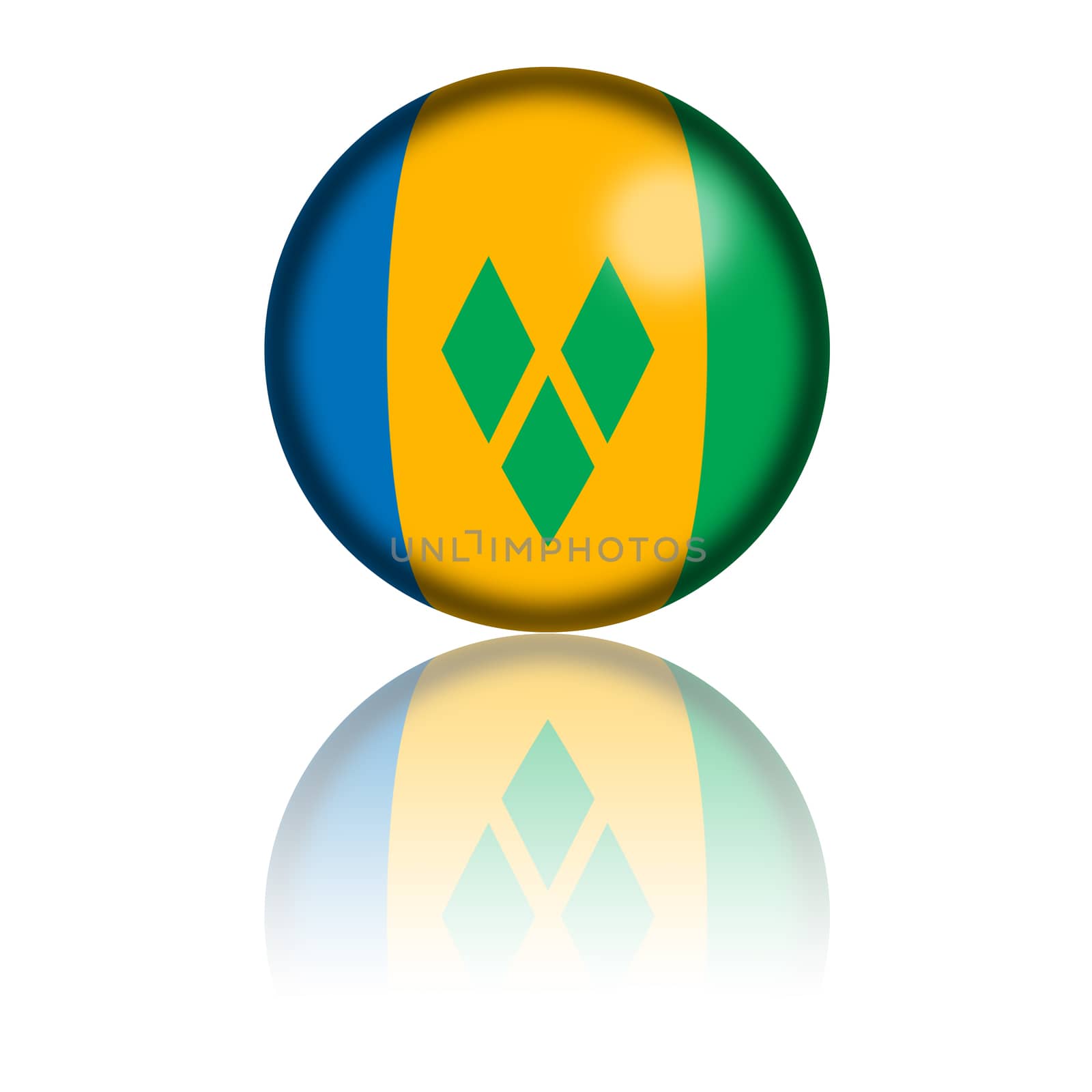 3D sphere or badge of Saint Vincent and the Grenadines flag with reflection at bottom.