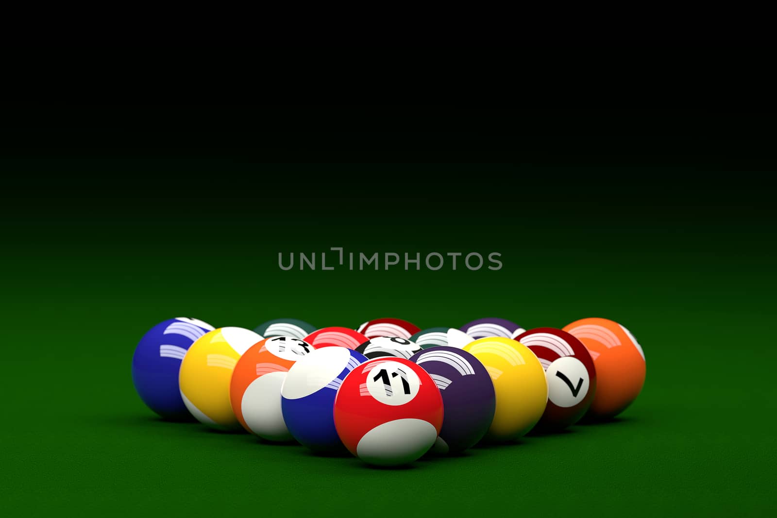 3D rendering of pool balls on pool table background.