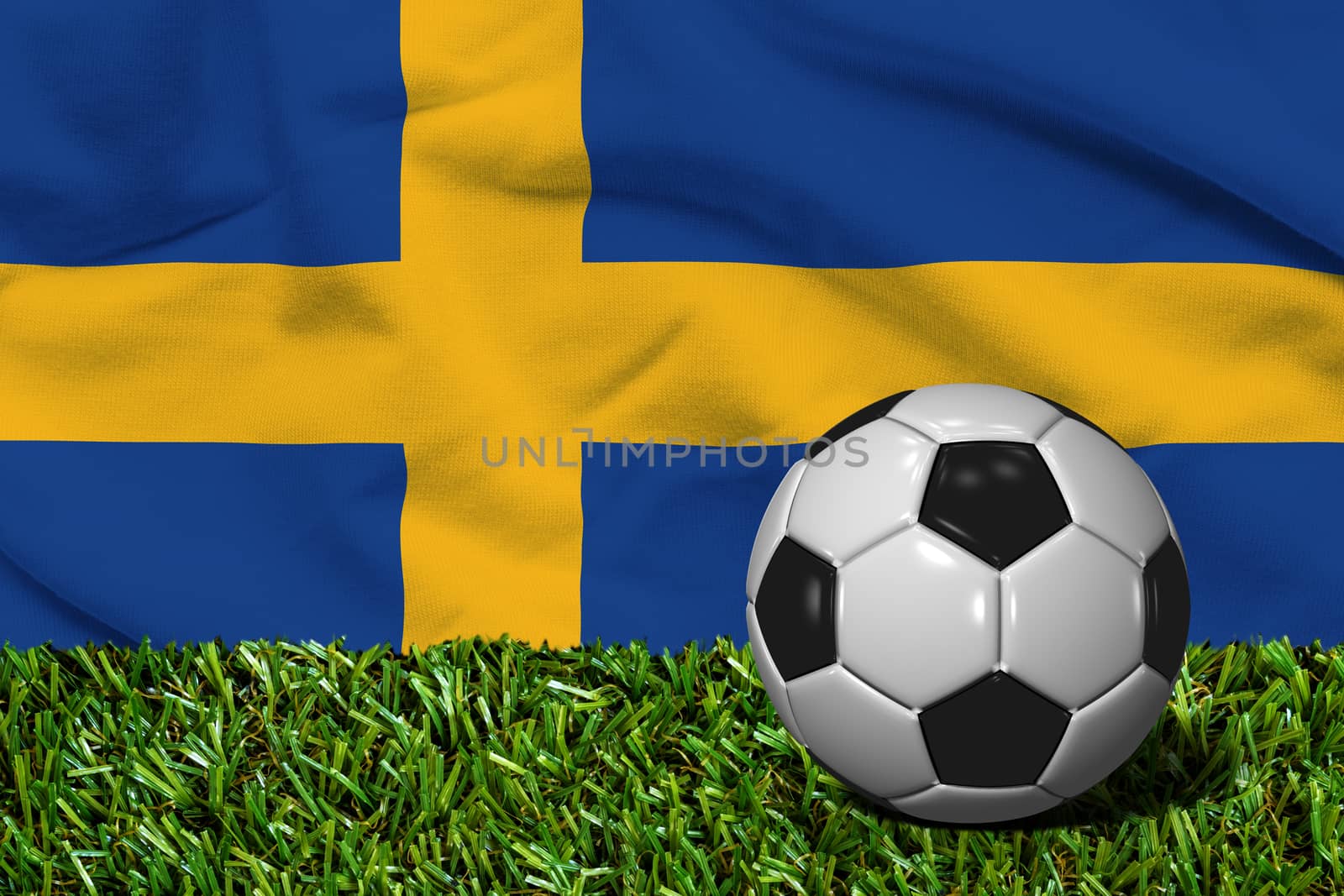 3D rendered soccer ball in grass field with Sweden flag as Background
