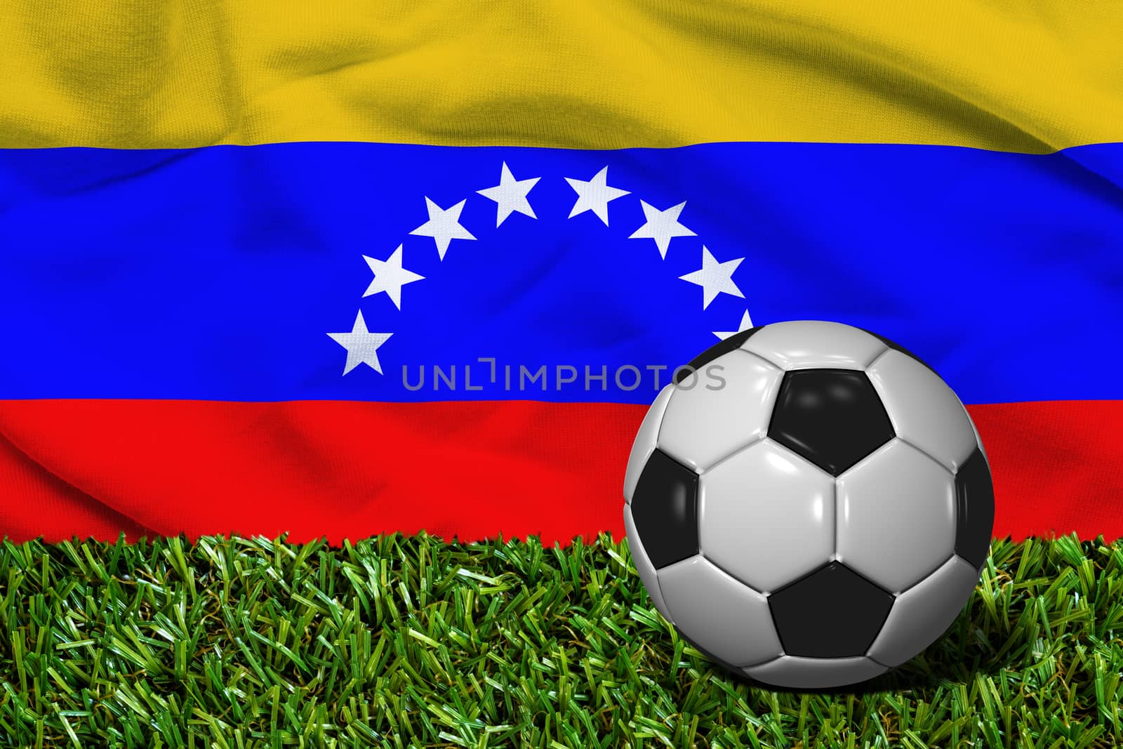 3D rendered soccer ball in grass field with Venezuela flag as Background