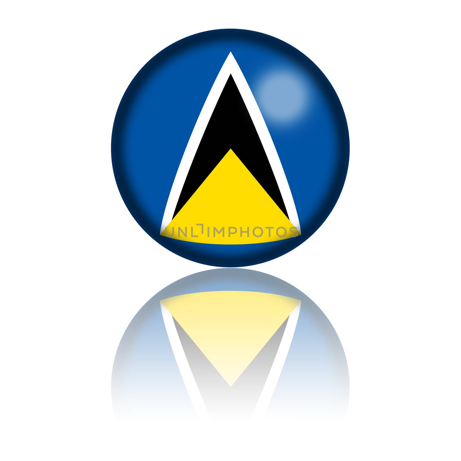 3D sphere or badge of Saint Lucia flag with reflection at bottom.