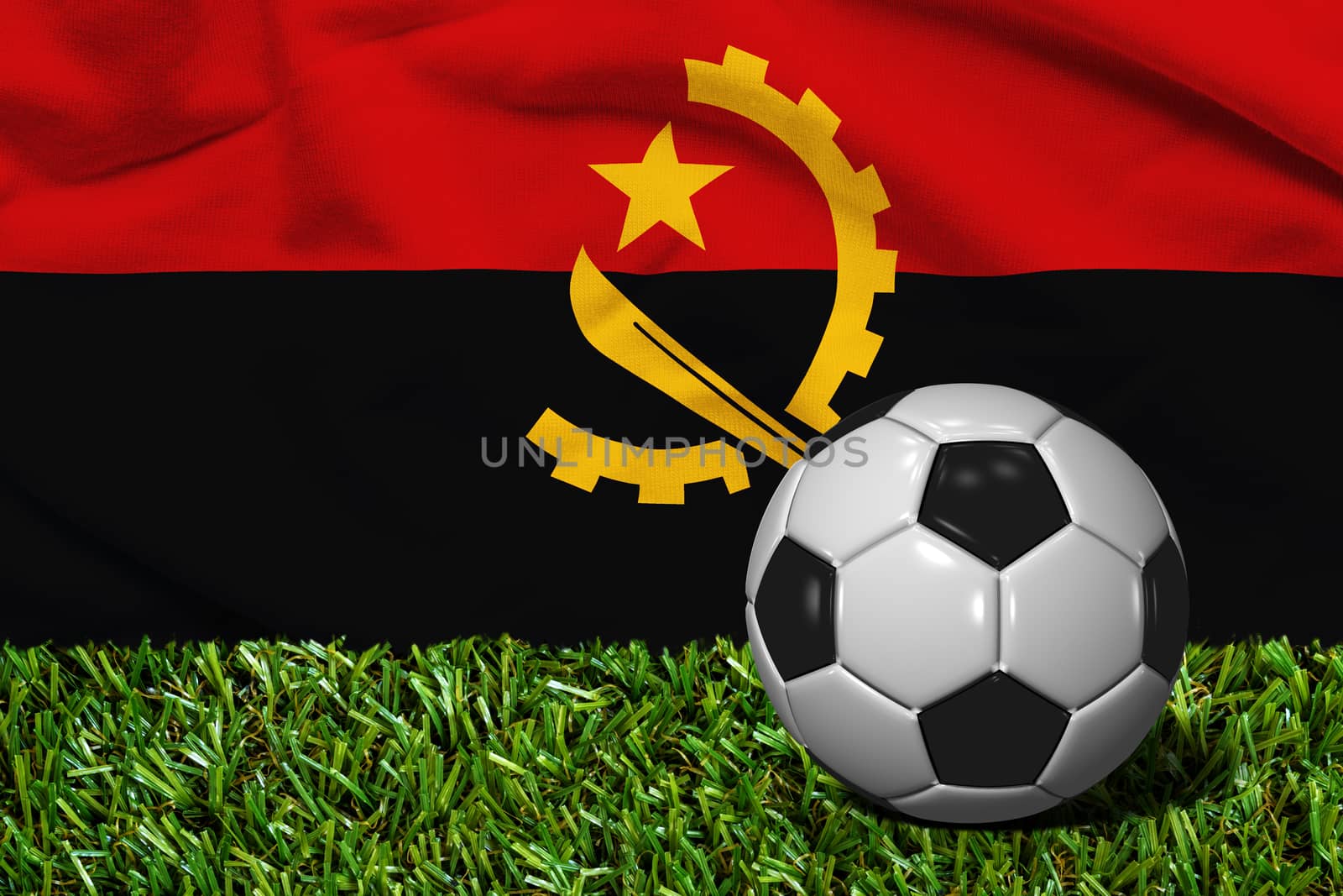 3D rendered soccer ball in grass field with Republic of Angola flag as Background