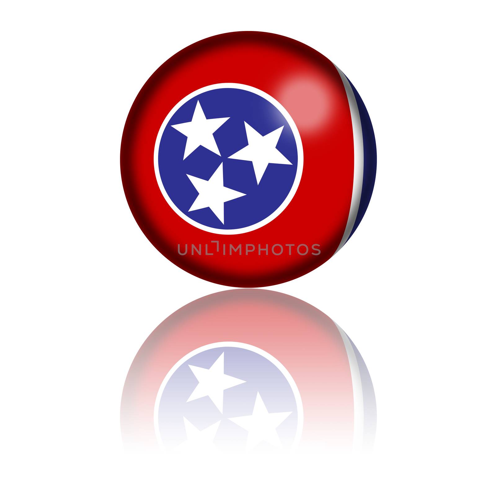 3D sphere or badge of Tennessee flag with reflection at bottom.