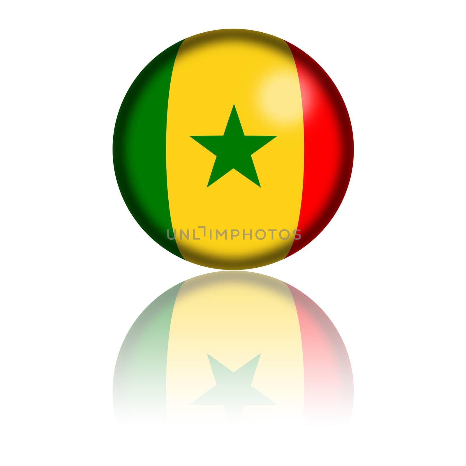 3D sphere or badge of Senegal flag with reflection at bottom.