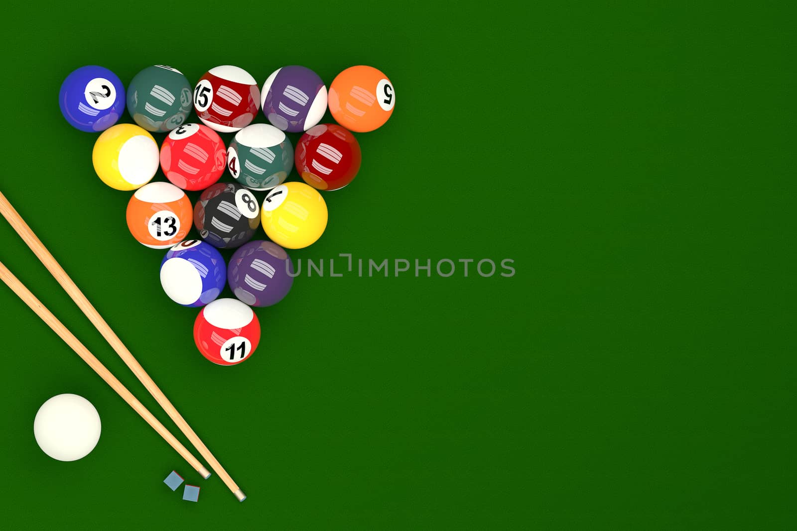 3D rendering of pool balls on pool table background.