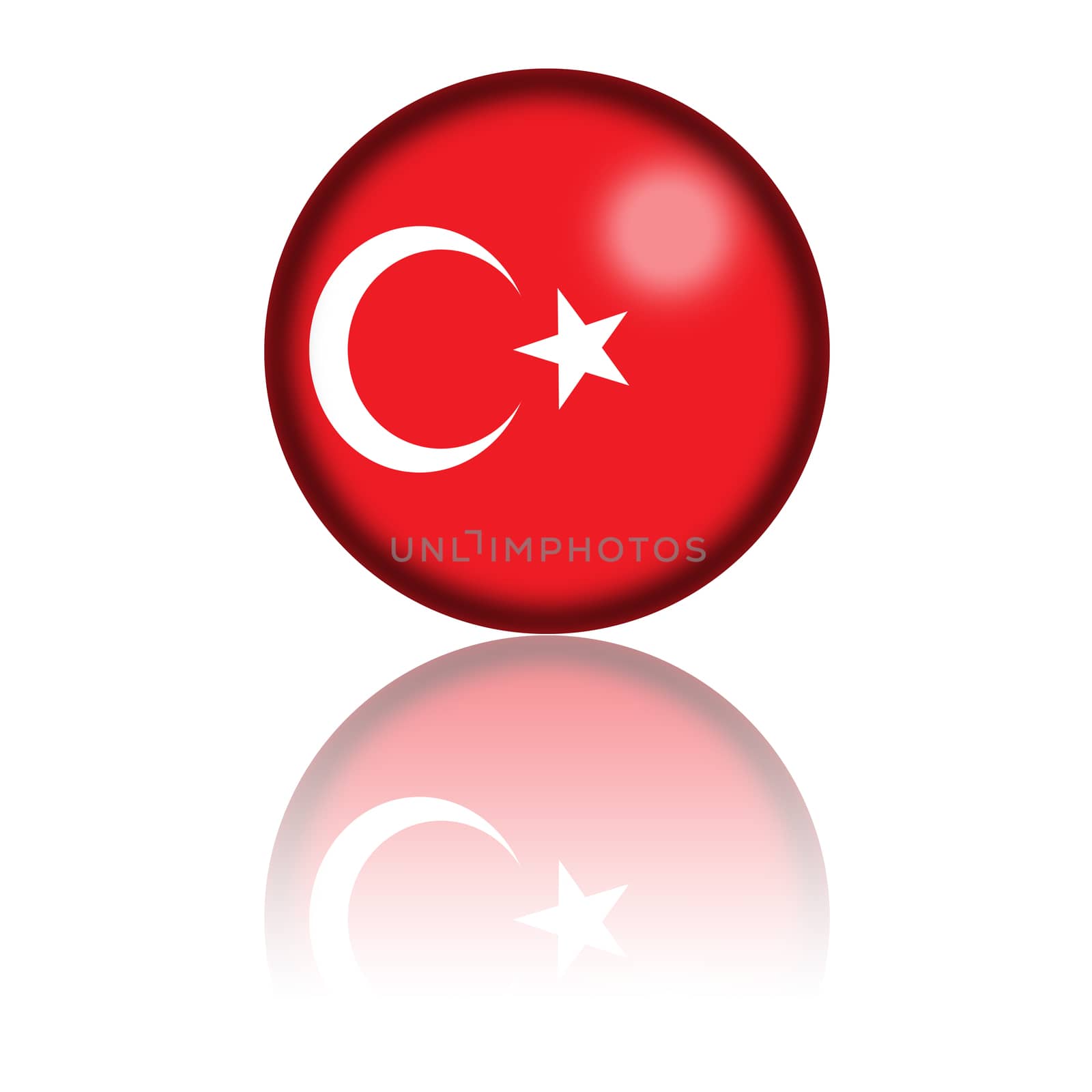 3D sphere or badge of Turkey flag with reflection at bottom.