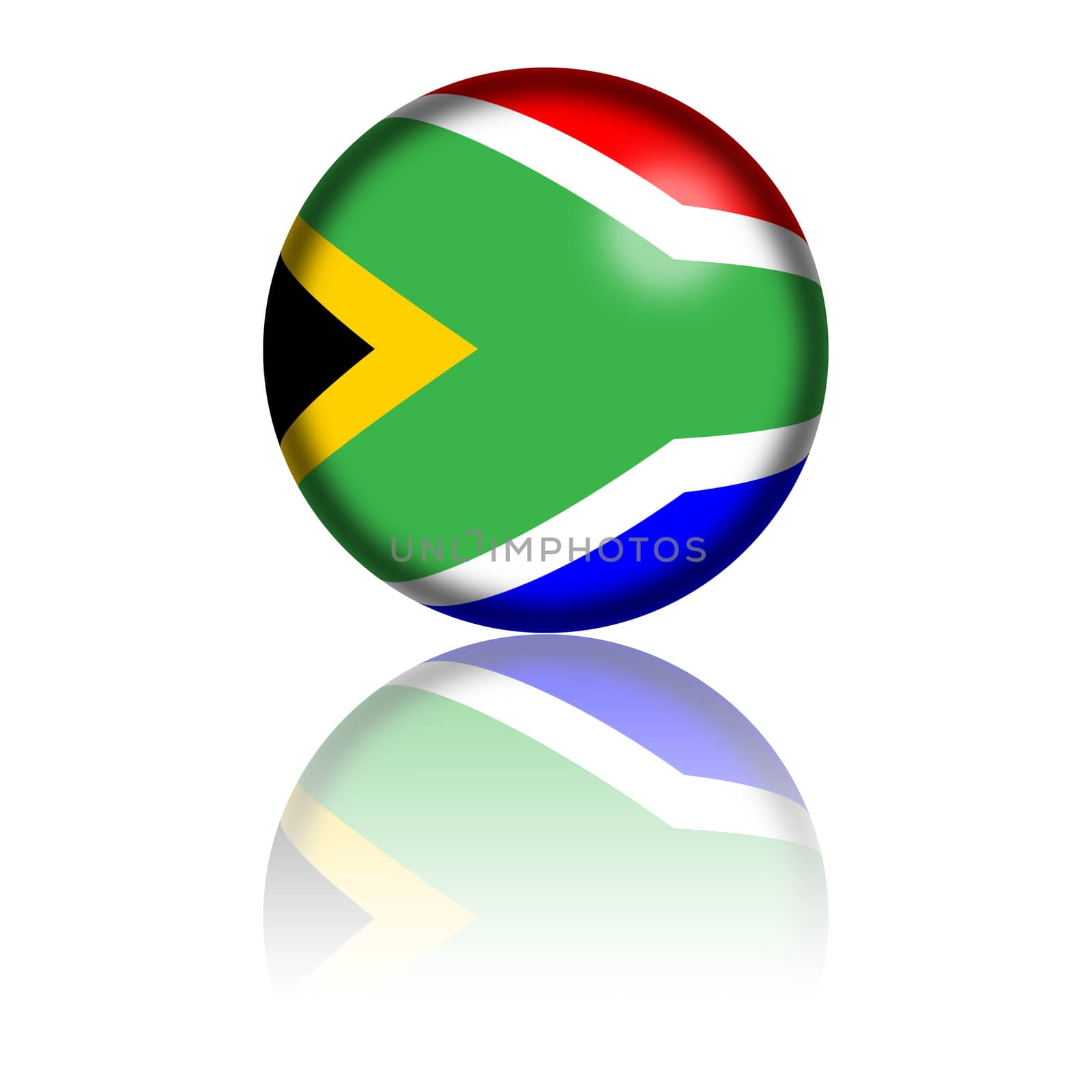 Sphere of South Africa flag with reflection at bottom.