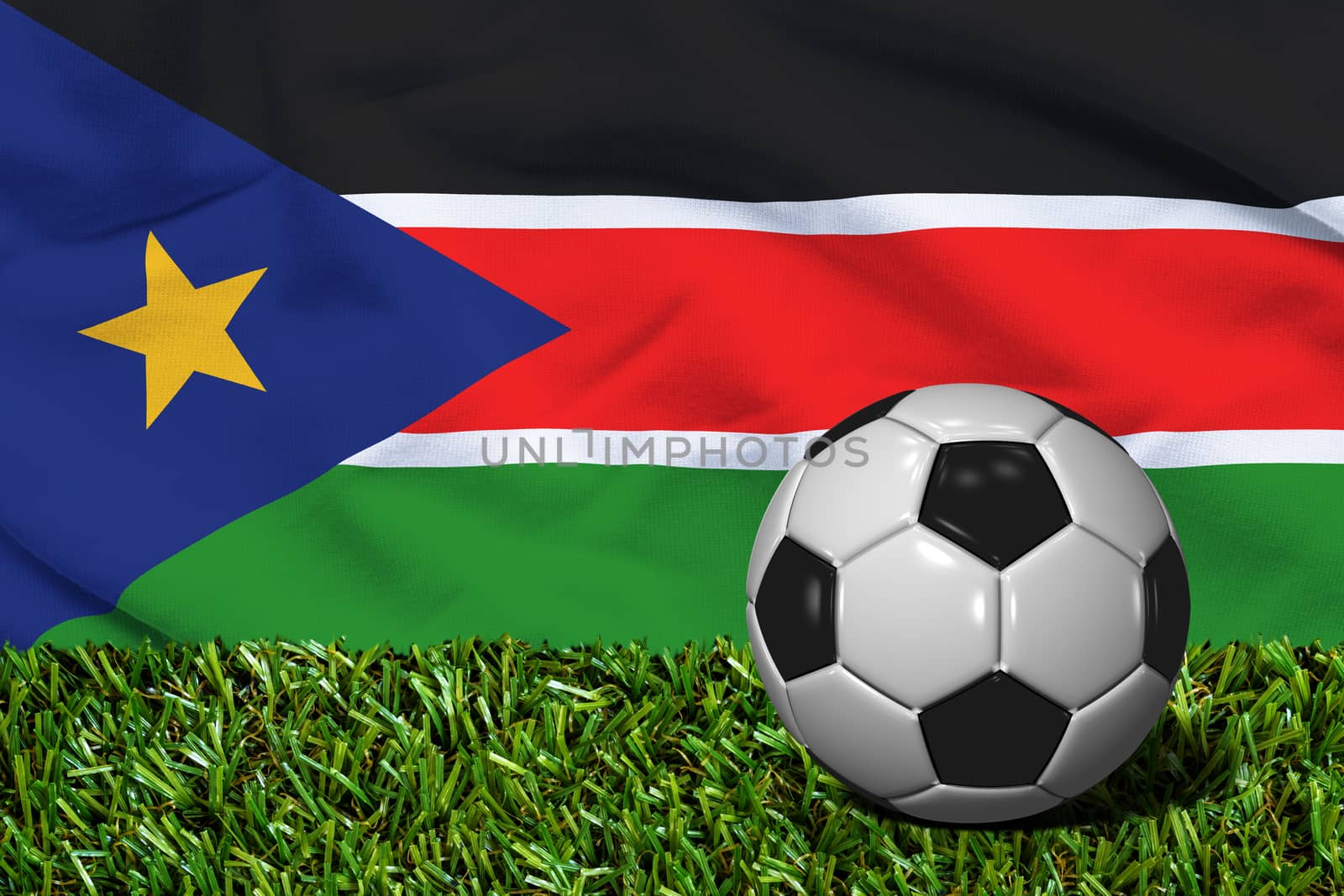 3D rendered soccer ball in grass field with South Sudan flag as Background
