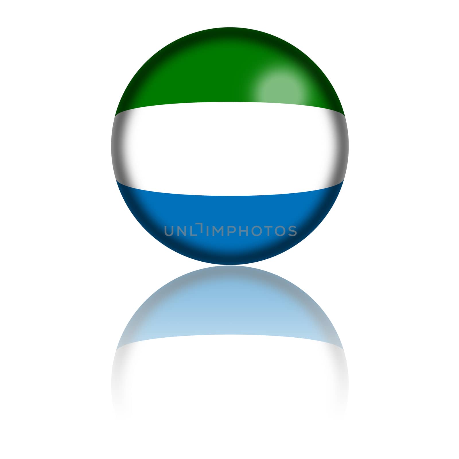 3D sphere or badge of Sierra Leone flag with reflection at bottom.