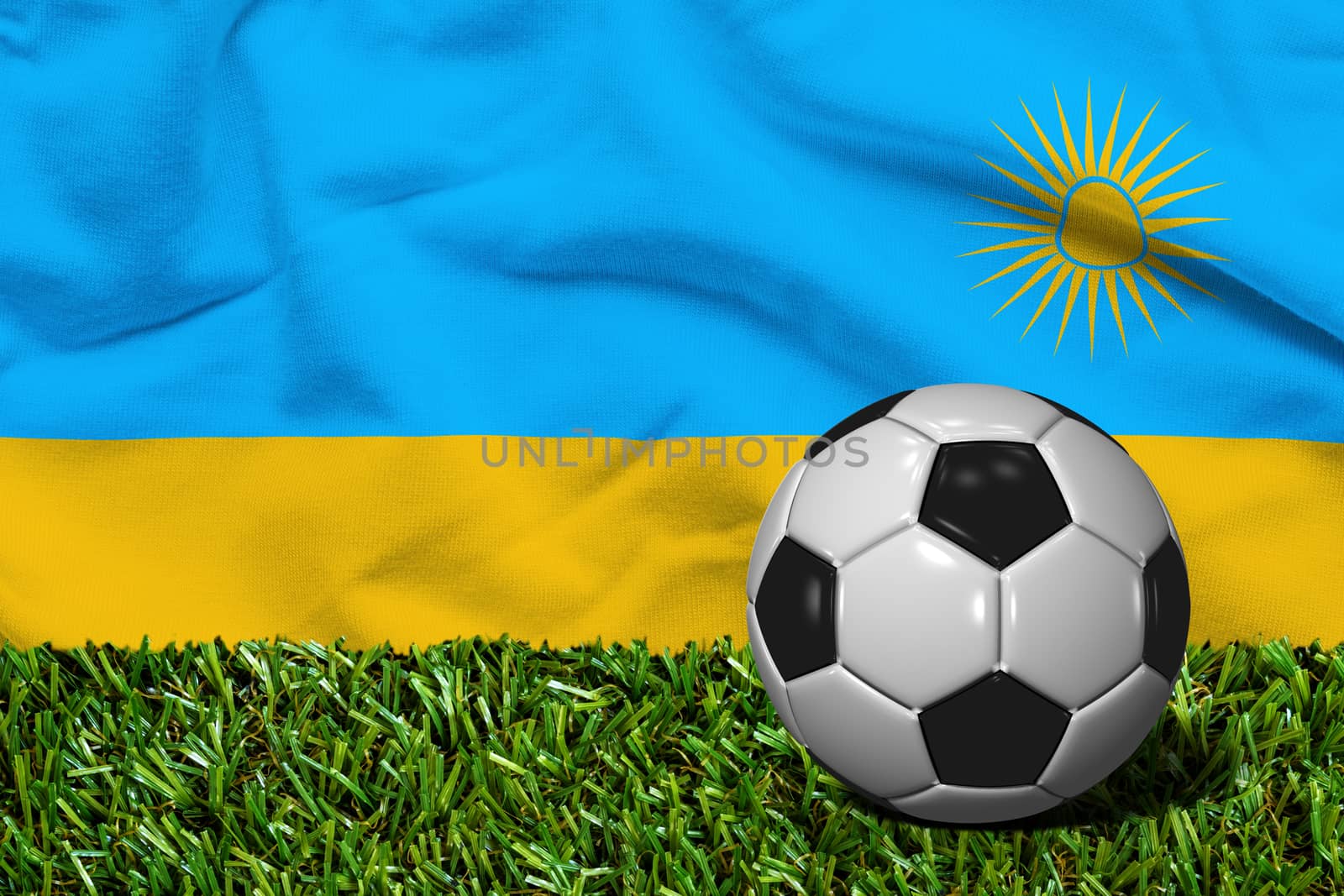 3D rendered soccer ball in grass field with Rwanda flag as Background