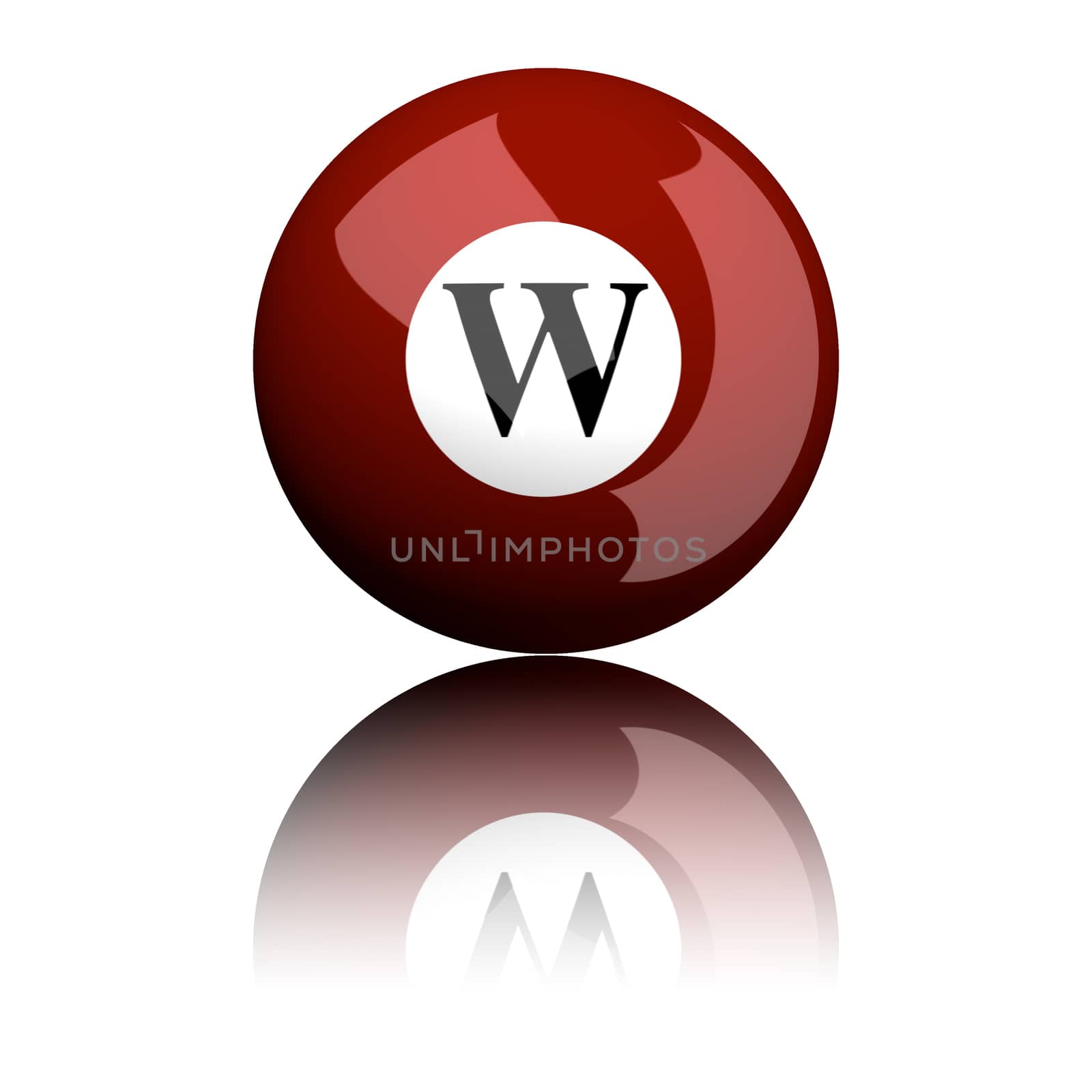 3D rendering sphere alphabet letter W isolated on white.