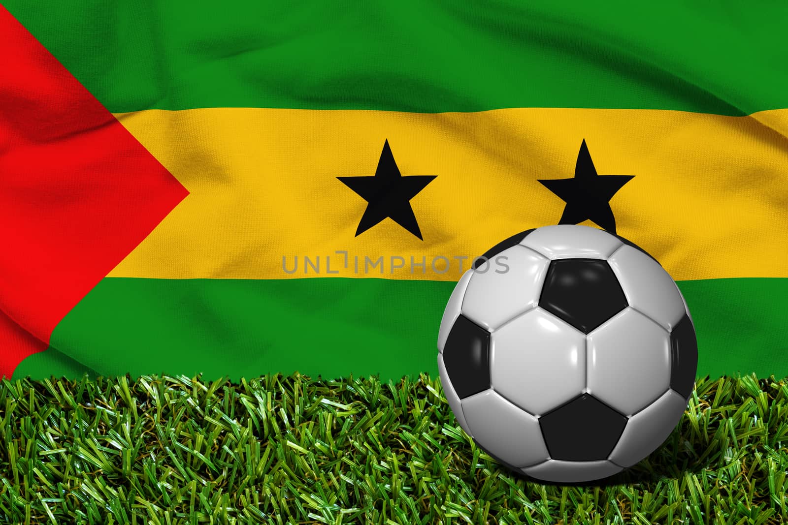 3D rendered soccer ball in grass field with Sao Tome and Principe flag as Background