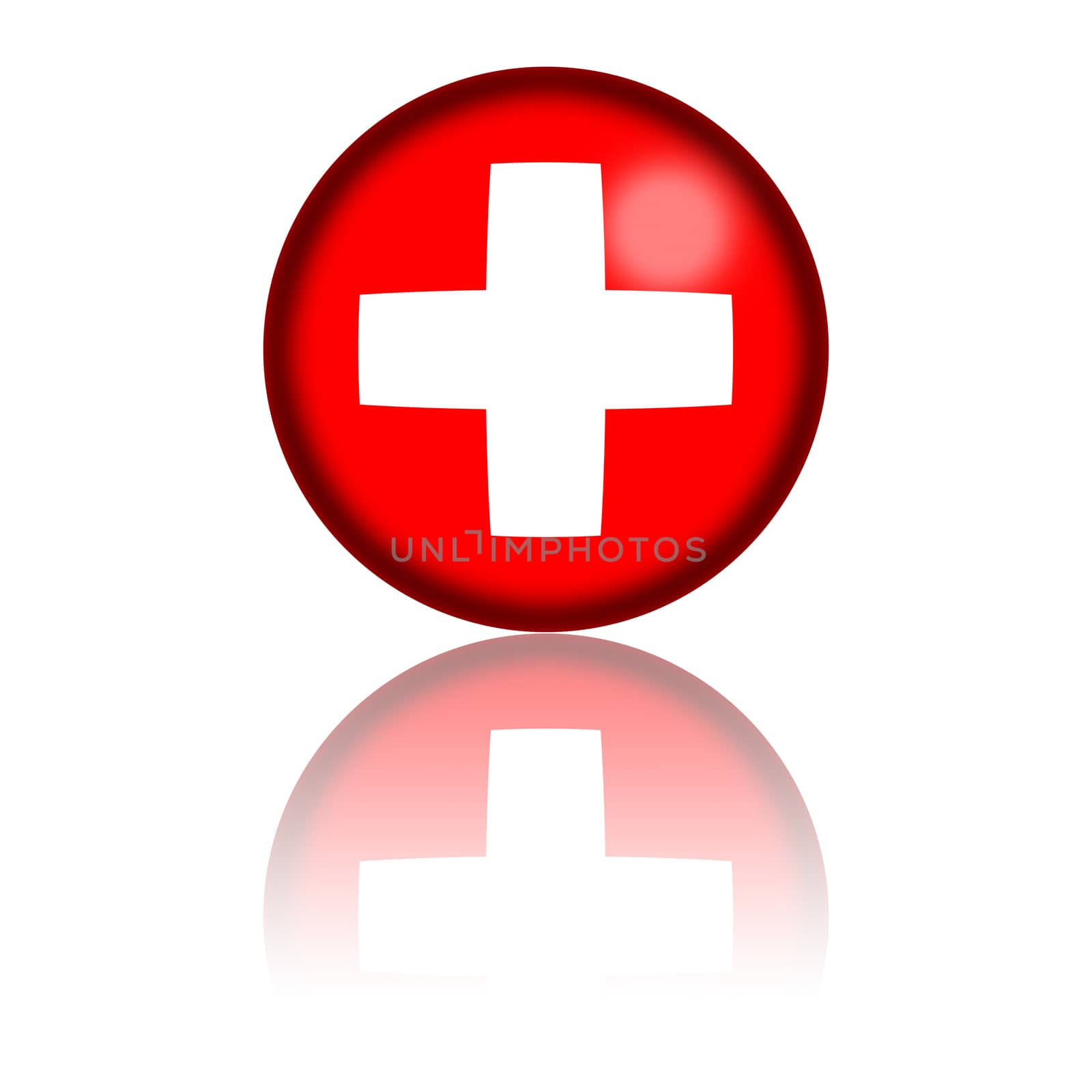 3D sphere or badge of Switzerland flag with reflection at bottom.