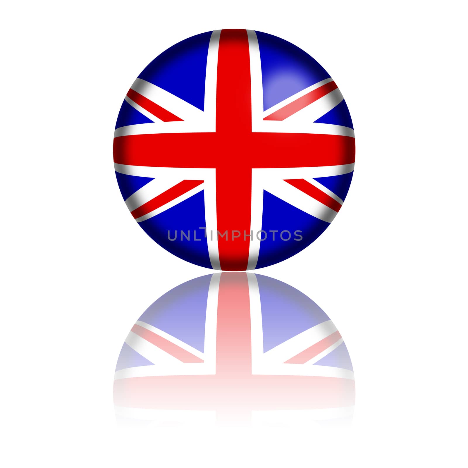 3D sphere or badge of United Kingdom flag with reflection at bottom.