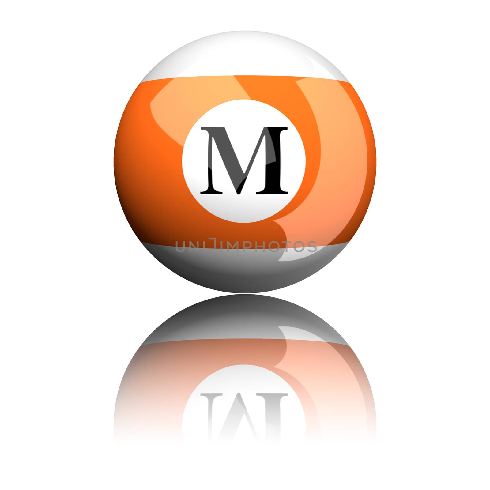 3D rendering sphere alphabet letter M isolated on white.