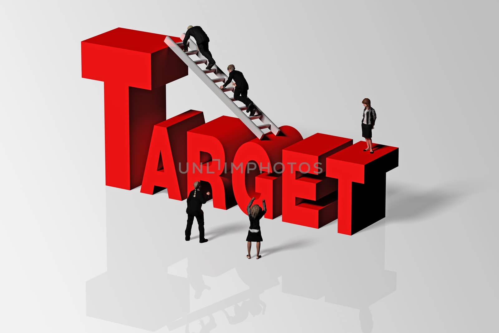 Target word and group of people conveying business concept of target, 3D rendering.