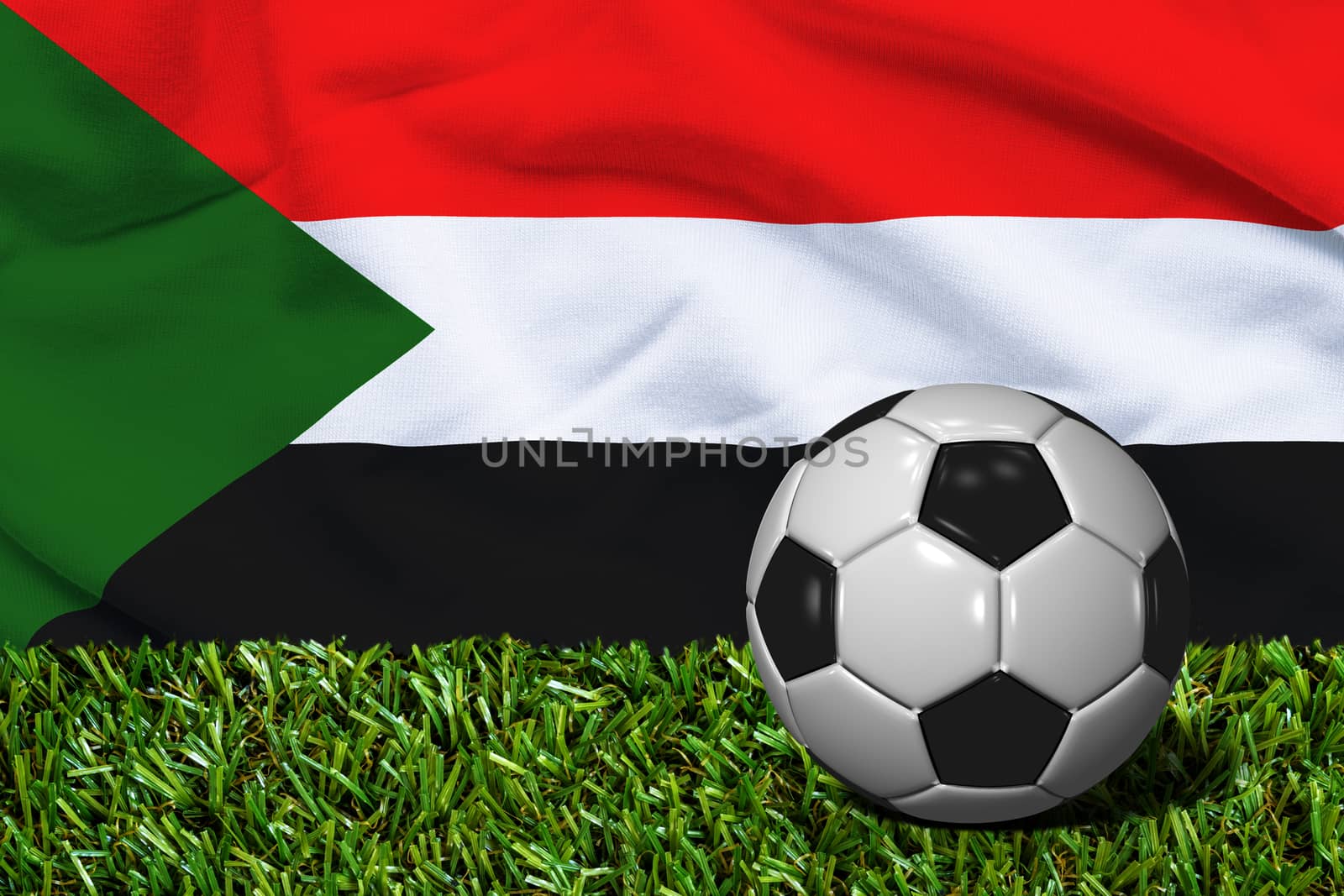 3D rendered soccer ball in grass field with Sudan flag as Background