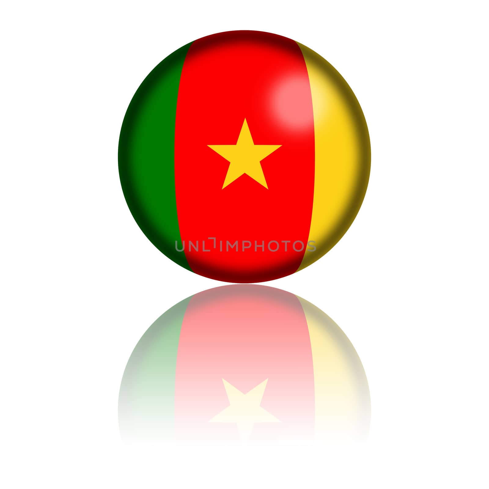 3D sphere or badge of Cameroon flag with reflection at bottom.