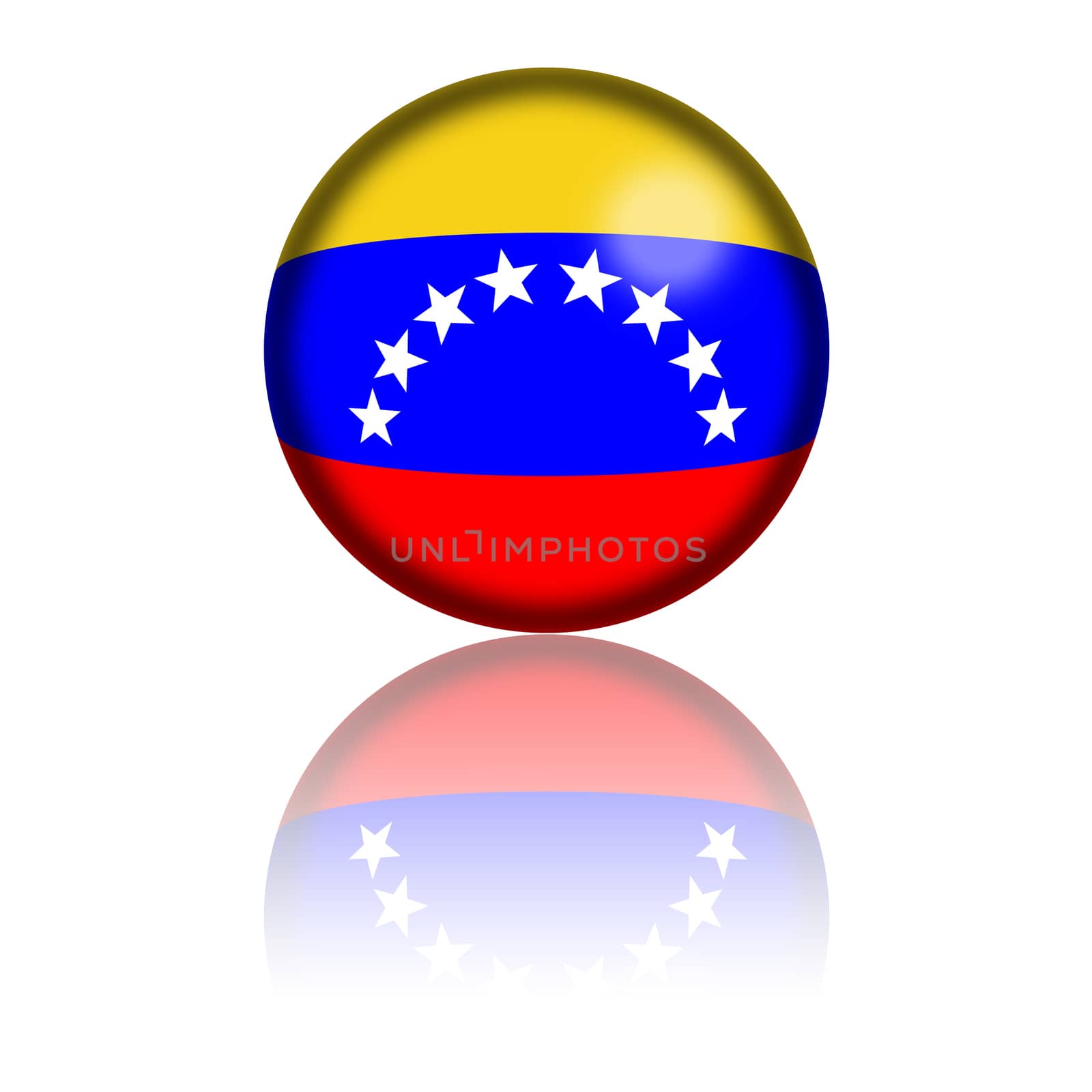 3D sphere or badge of Venezuela flag with reflection at bottom.