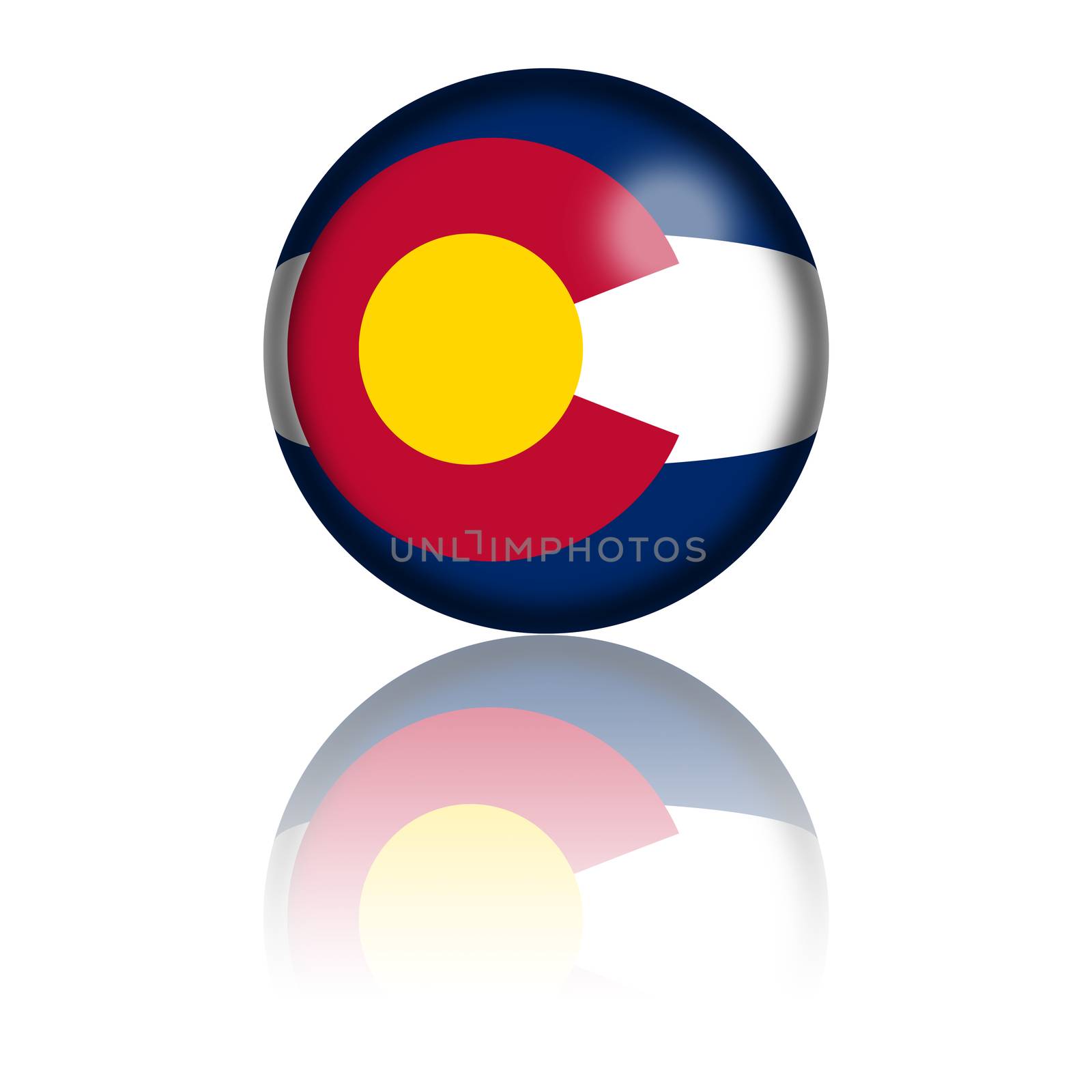 3D sphere or badge of Colorado flag with reflection at bottom.