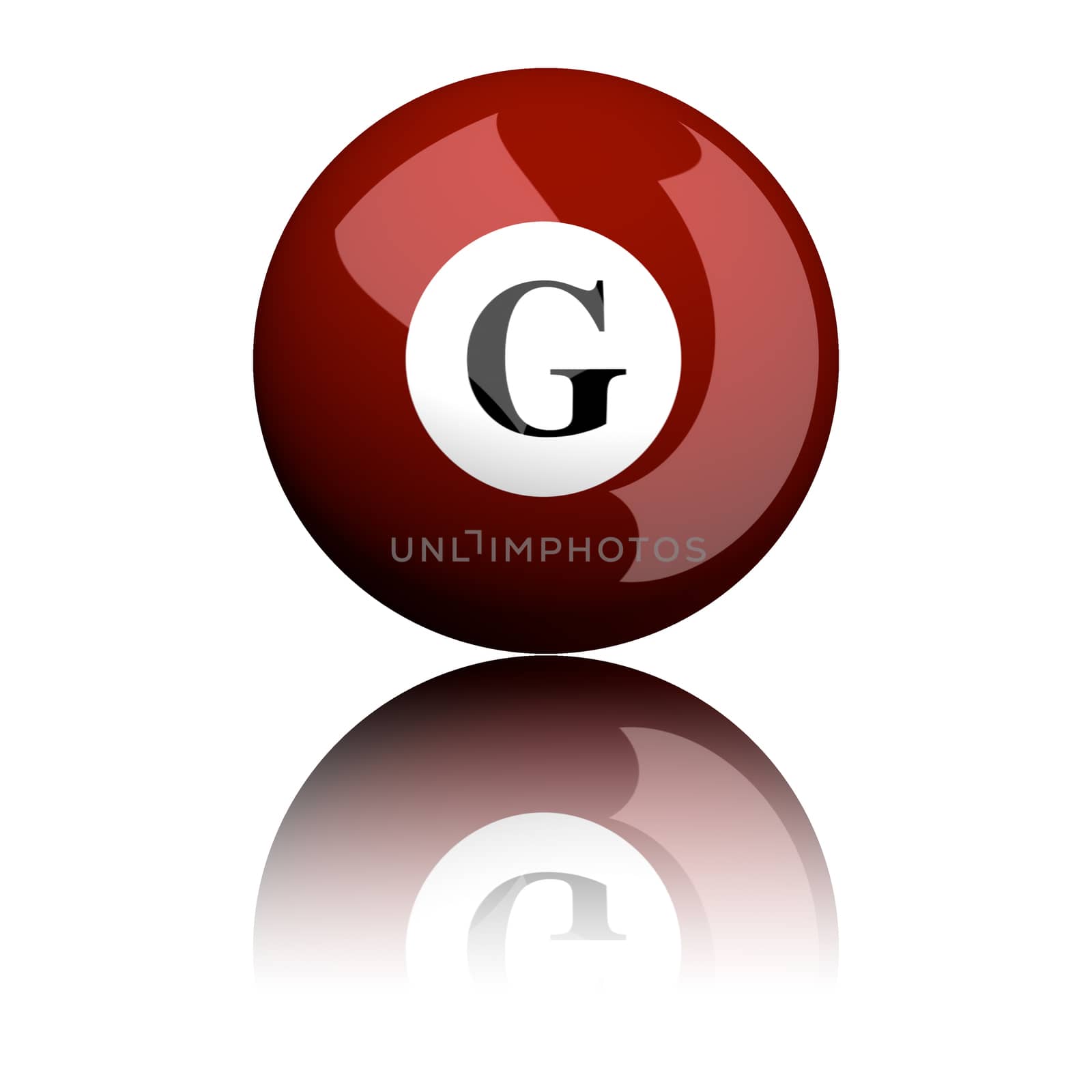 3D rendering sphere alphabet letter G isolated on white.