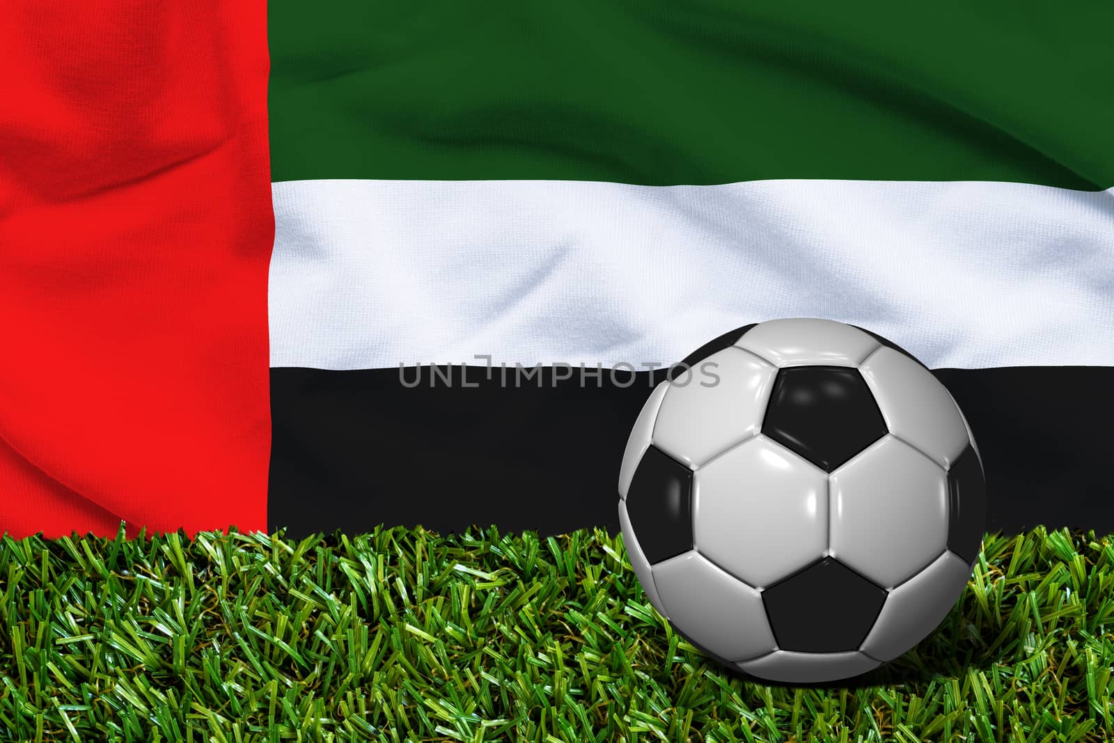 3D rendered soccer ball in grass field with UAE flag as Background