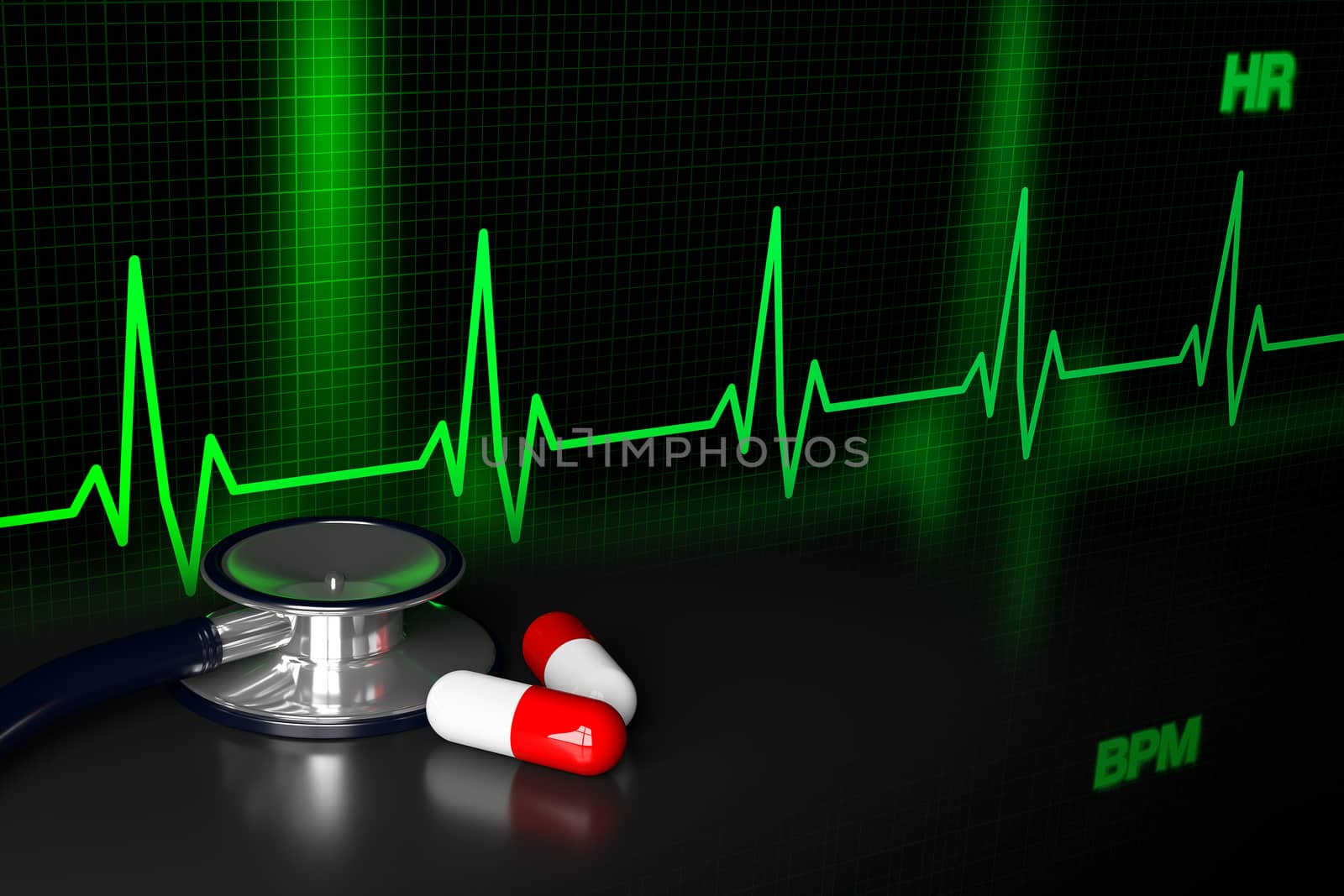 3D rendering of stethoscope and pill capsule.