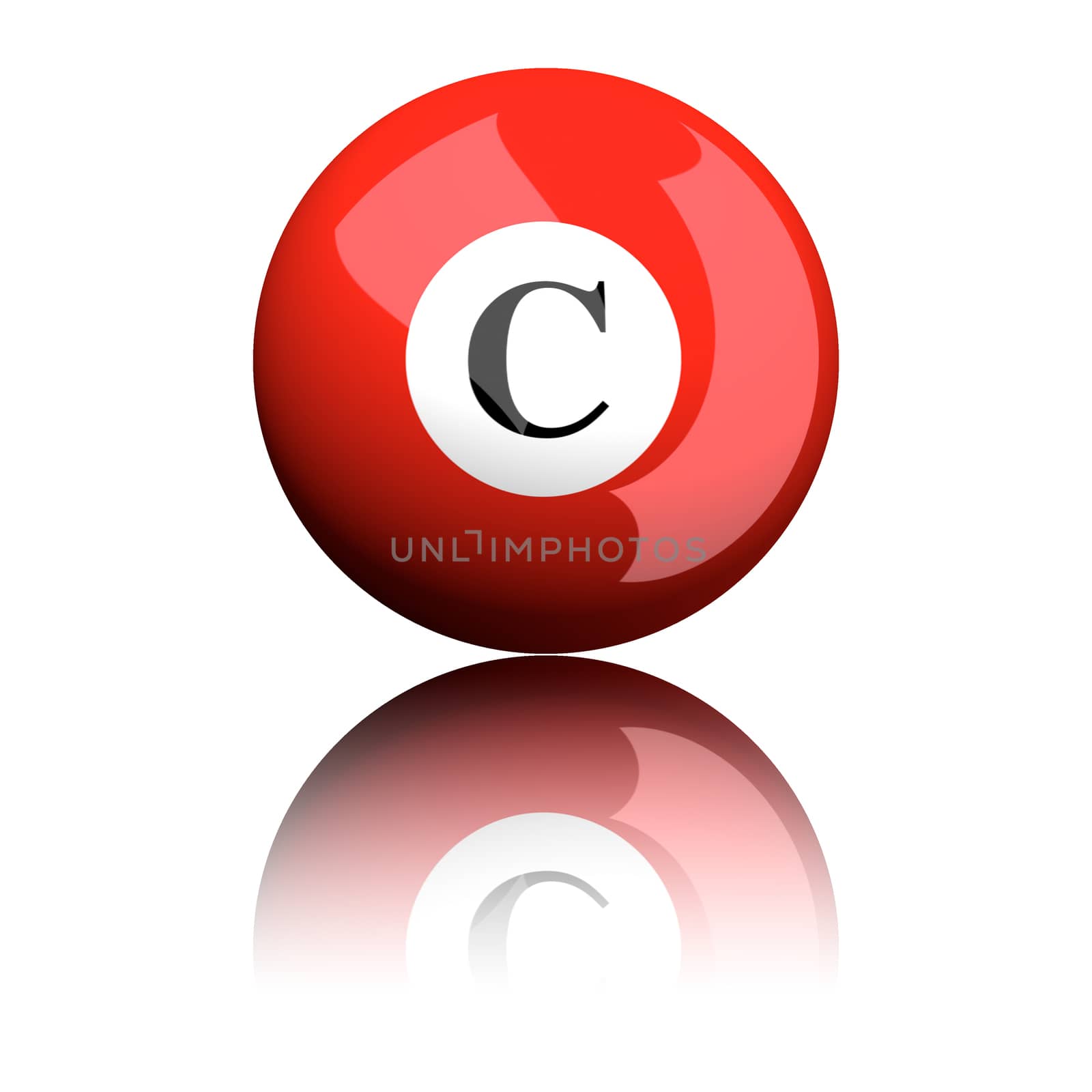 3D rendering sphere alphabet letter C isolated on white.