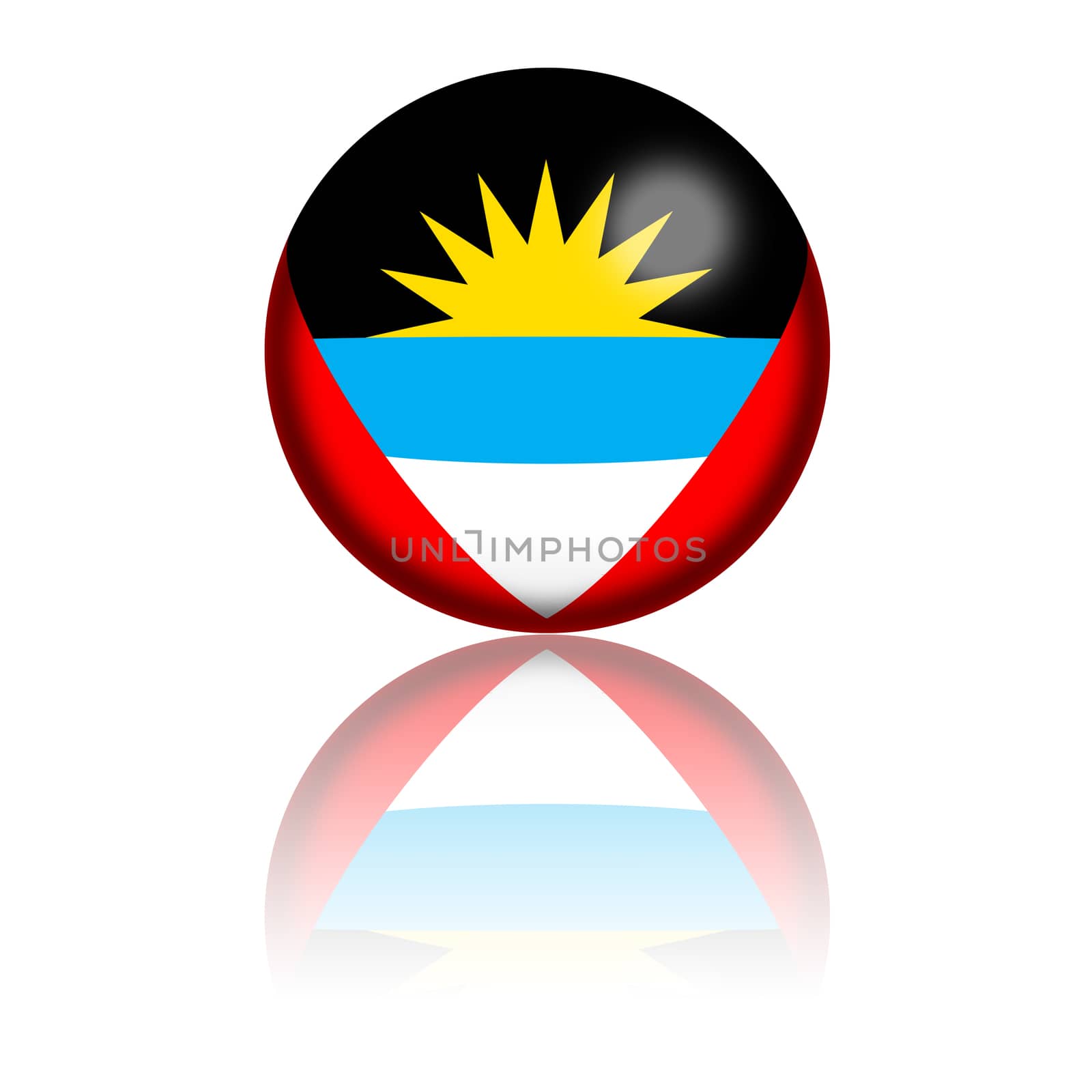 3D sphere or badge of Antigua and Barbuda flag with reflection at bottom.