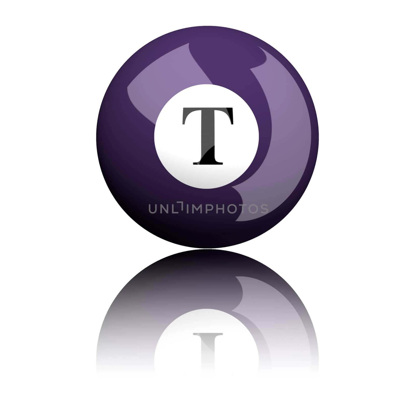 3D rendering sphere alphabet letter T isolated on white.