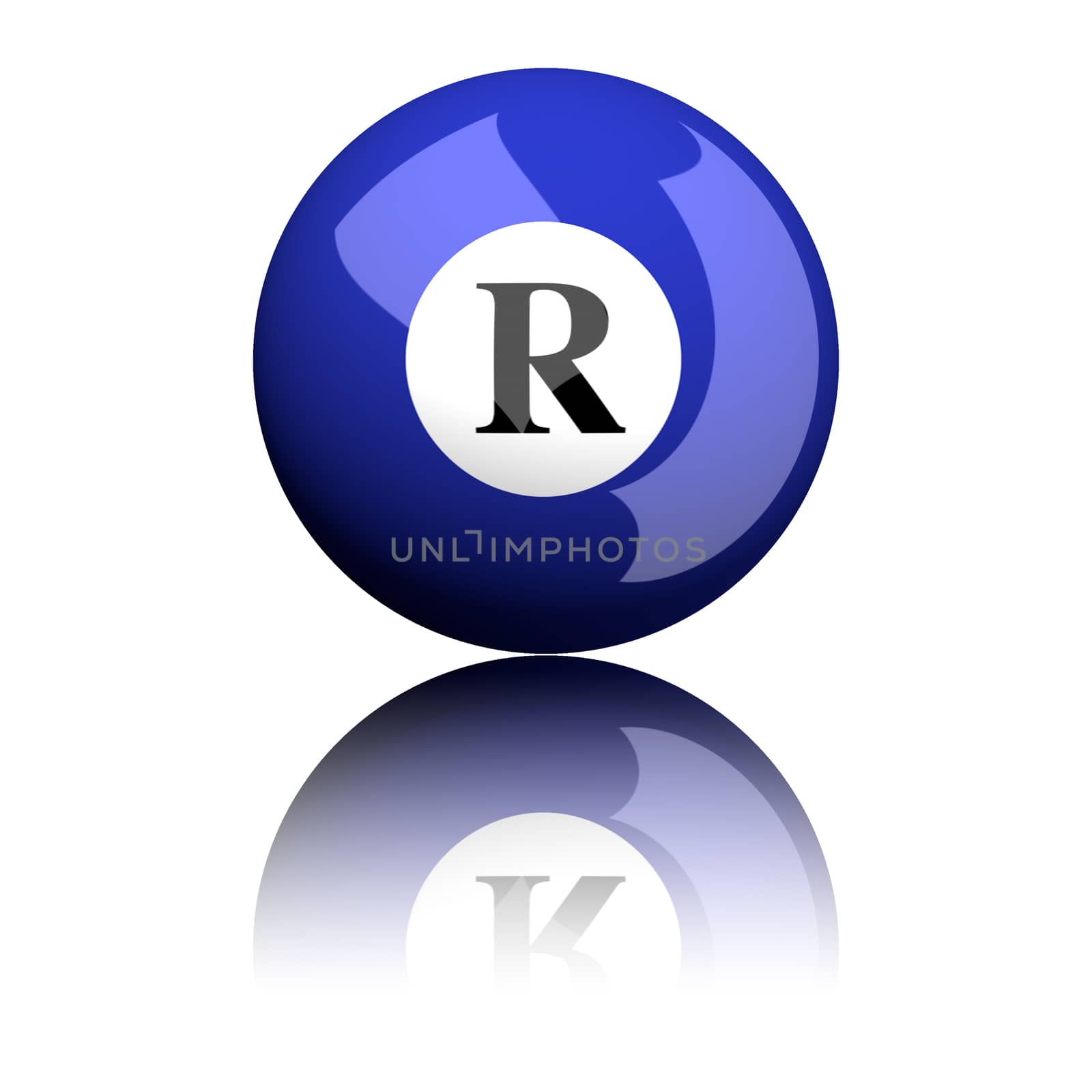 3D rendering sphere alphabet letter R isolated on white.