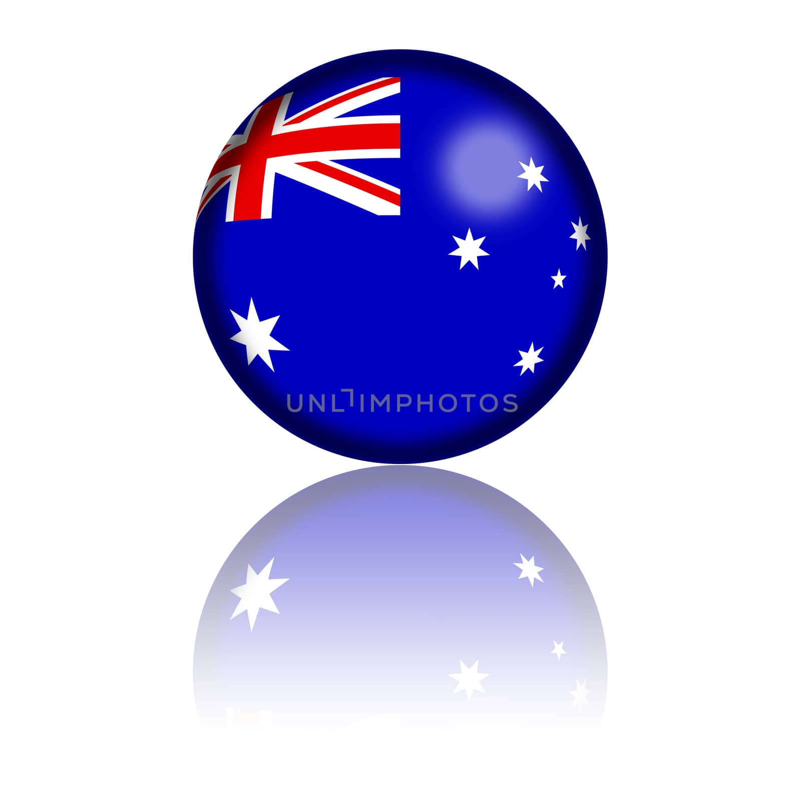 3D sphere or badge of Australia flag with reflection at bottom.