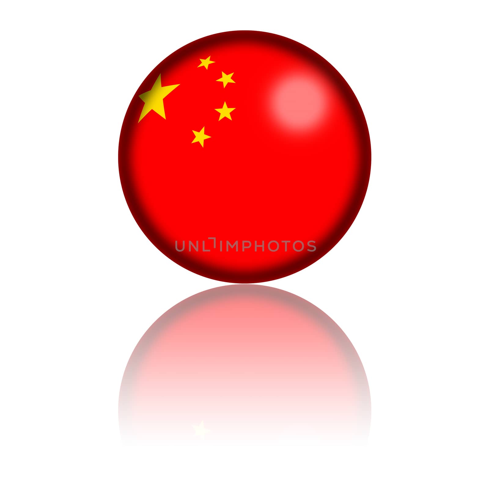 3D sphere or badge of China flag with reflection at bottom.