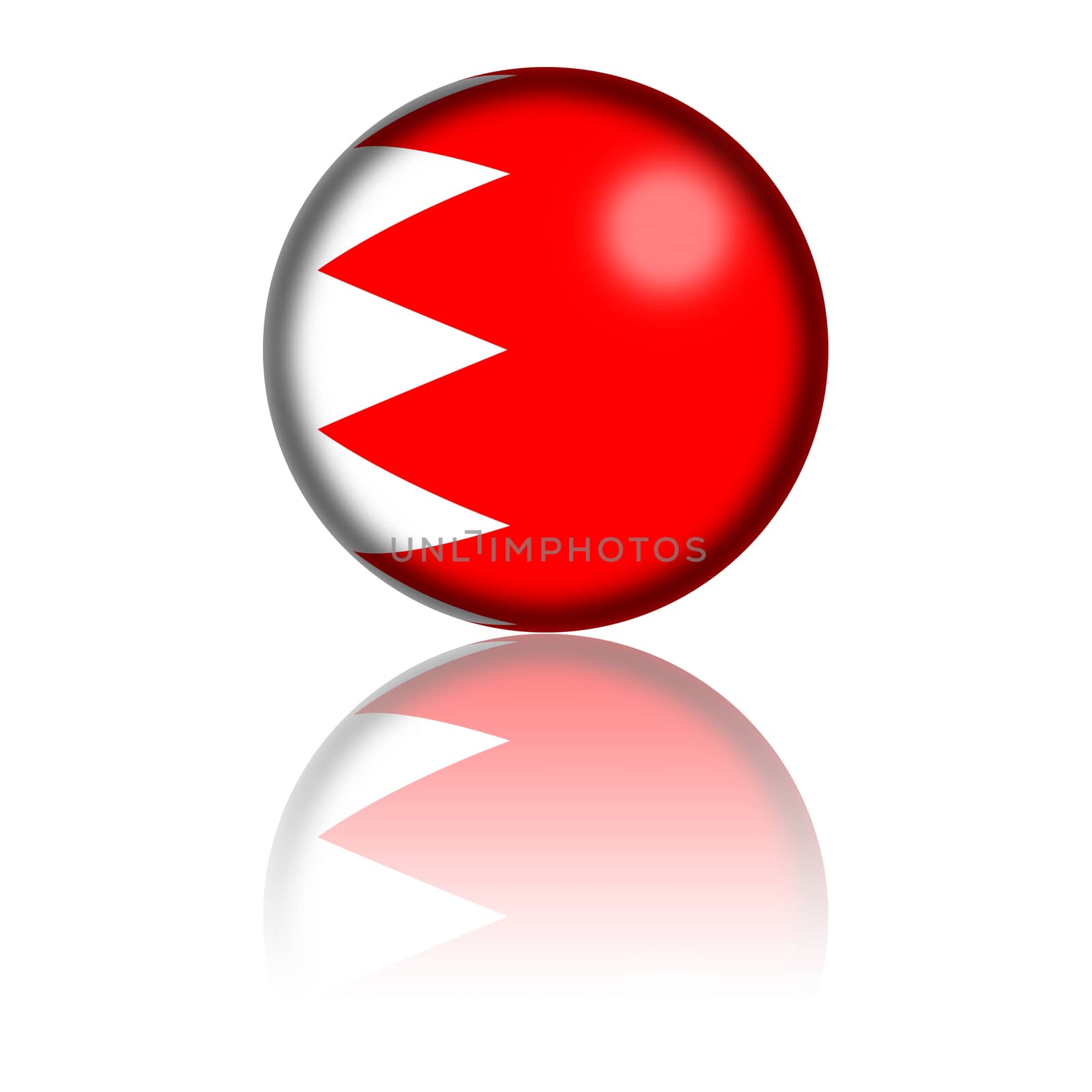 3D sphere or badge of Bahrain flag with reflection at bottom.