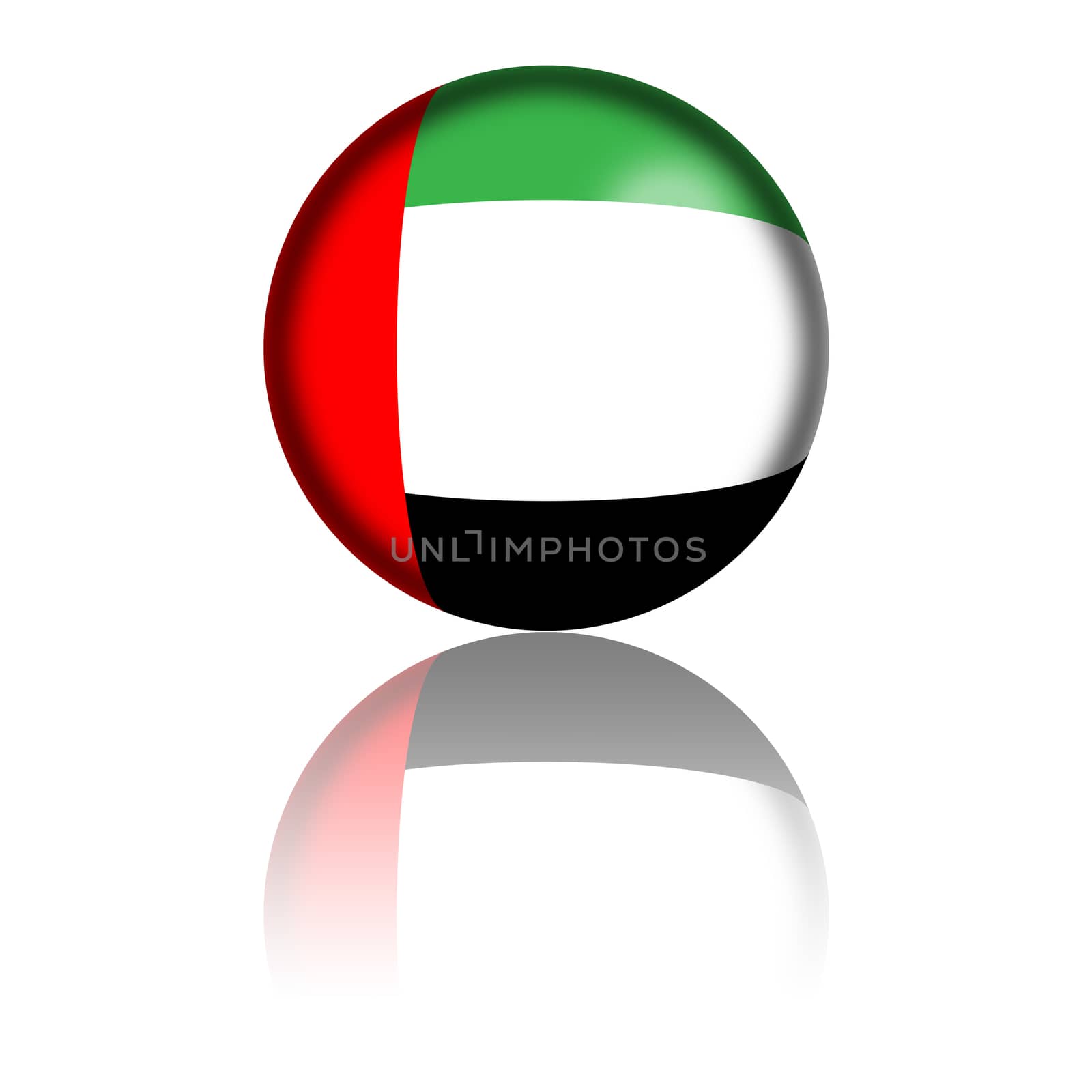 Sphere of UAE flag with reflection at bottom.