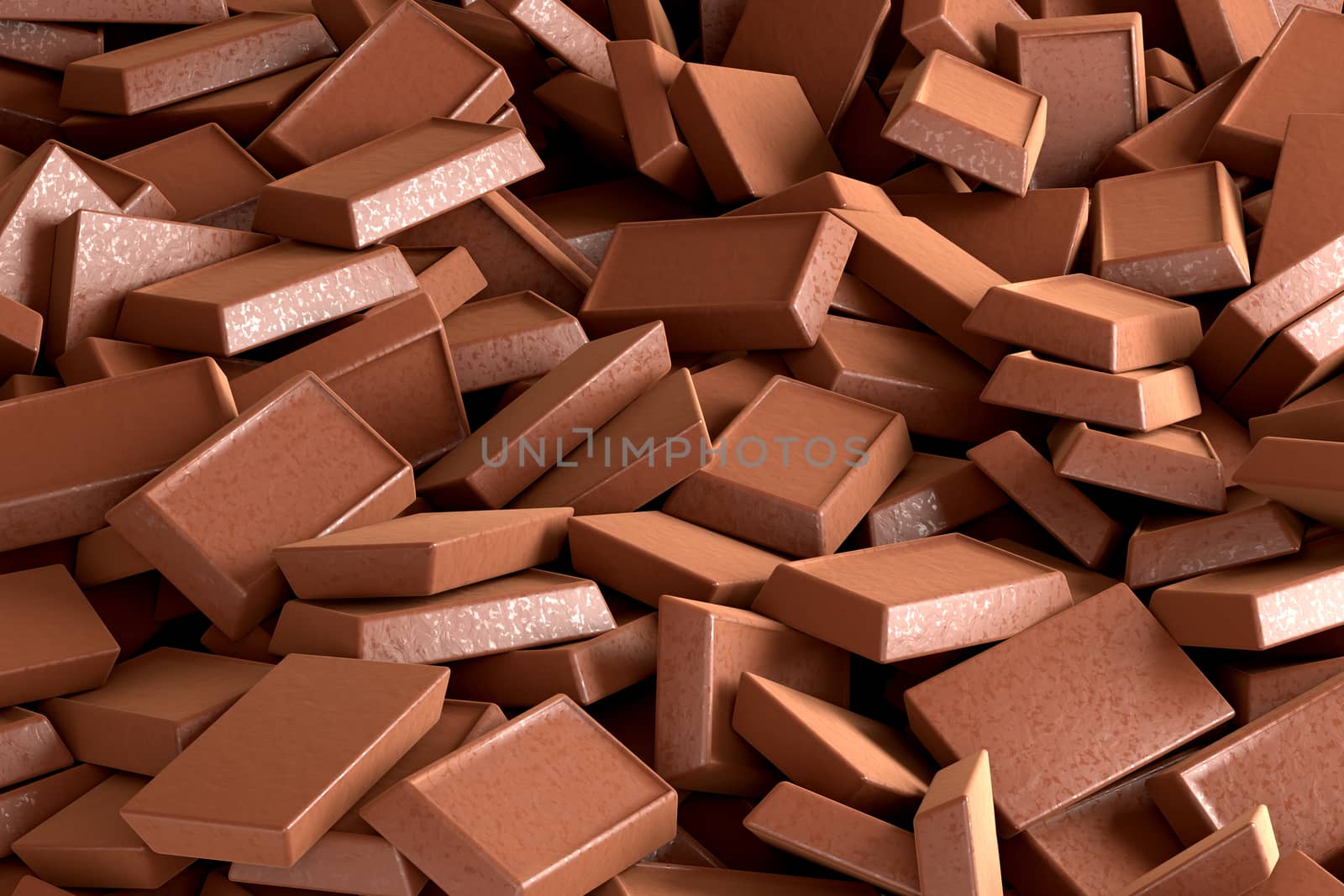 3D rendering pile of chocolate pieces as background.