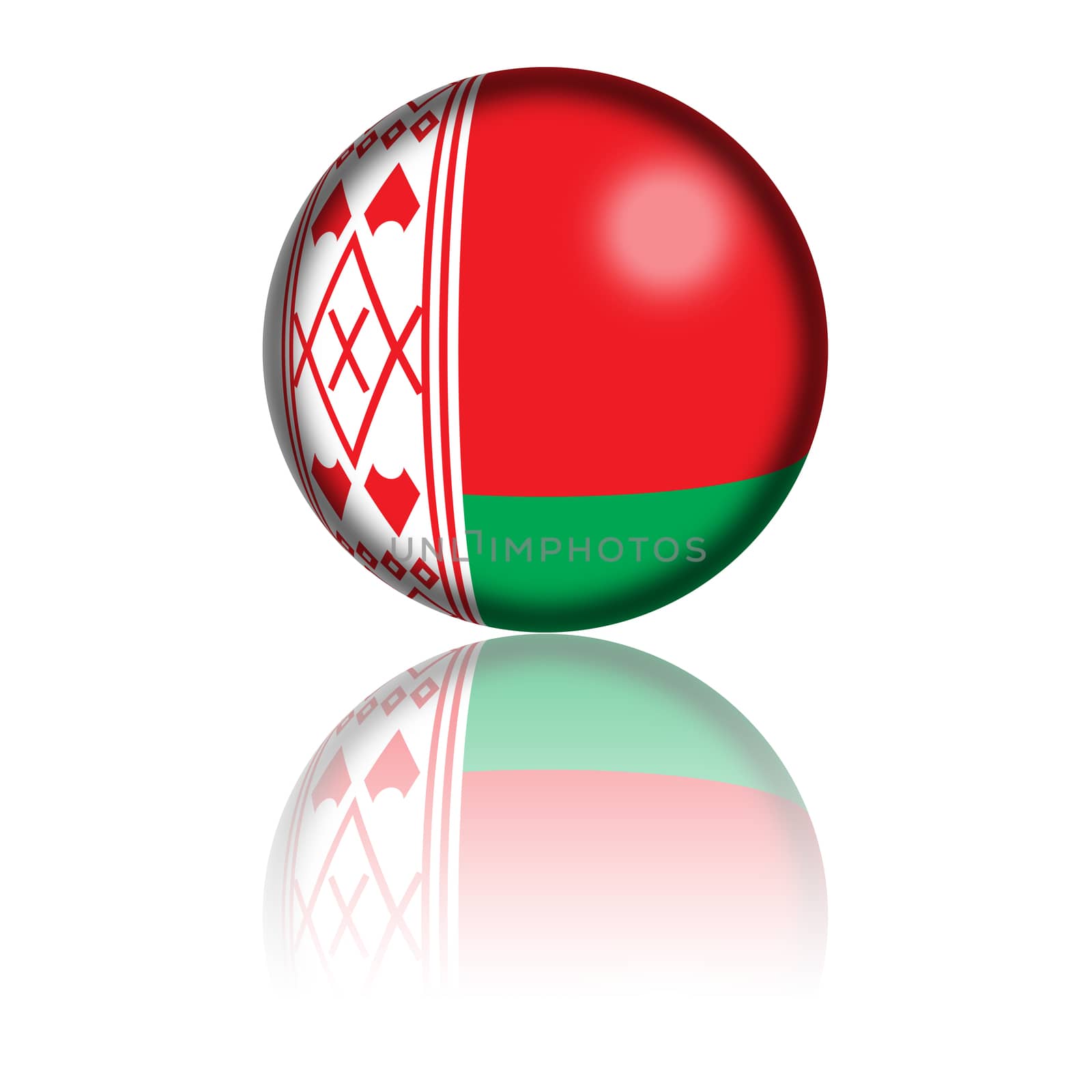 3D sphere or badge of Belarus flag with reflection at bottom.