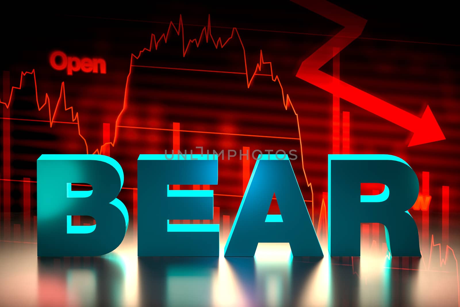 3D rendering of bear word with bearish stock market chart.