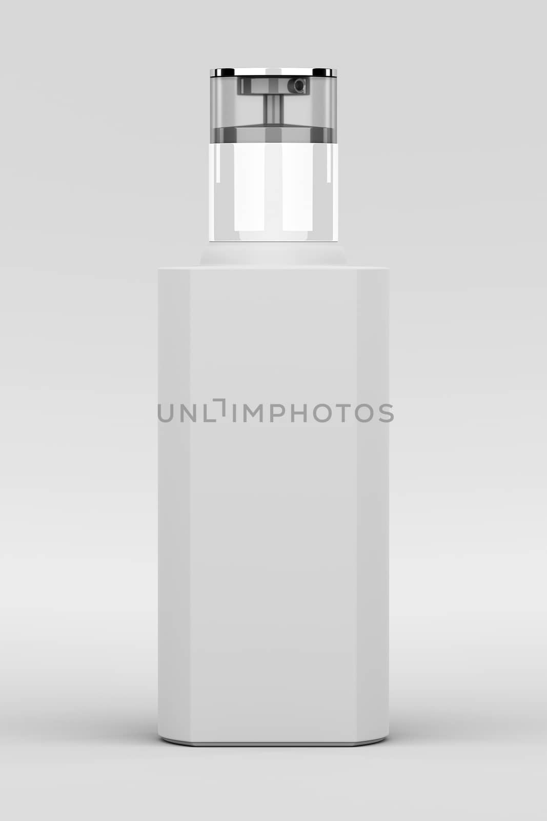 3D rendering of blank template of cosmetic bottle packaging isolated on white background.