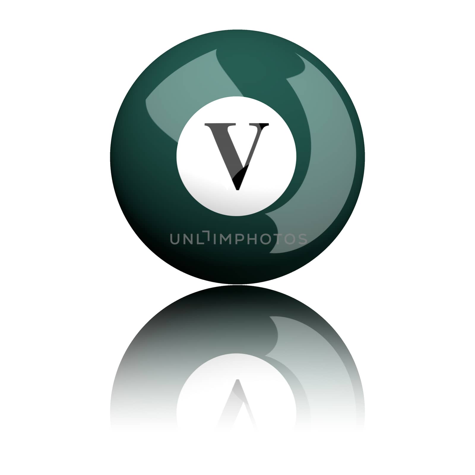 3D rendering sphere alphabet letter V isolated on white.